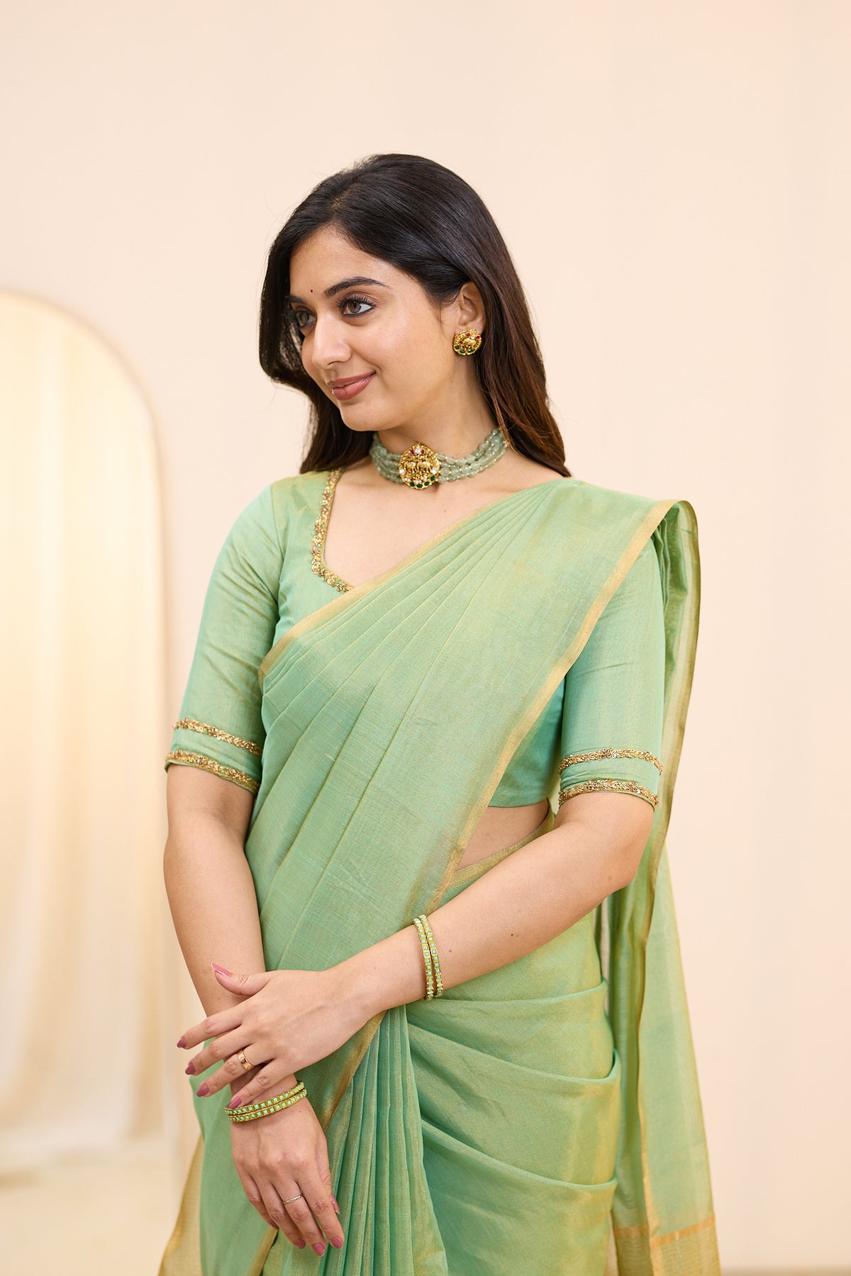 Sage Mist Maheshwari Tissue Silk Cotton Saree