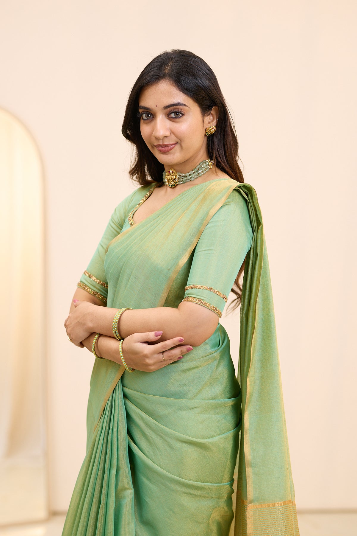 Sage Mist Maheshwari Tissue Silk Cotton Saree