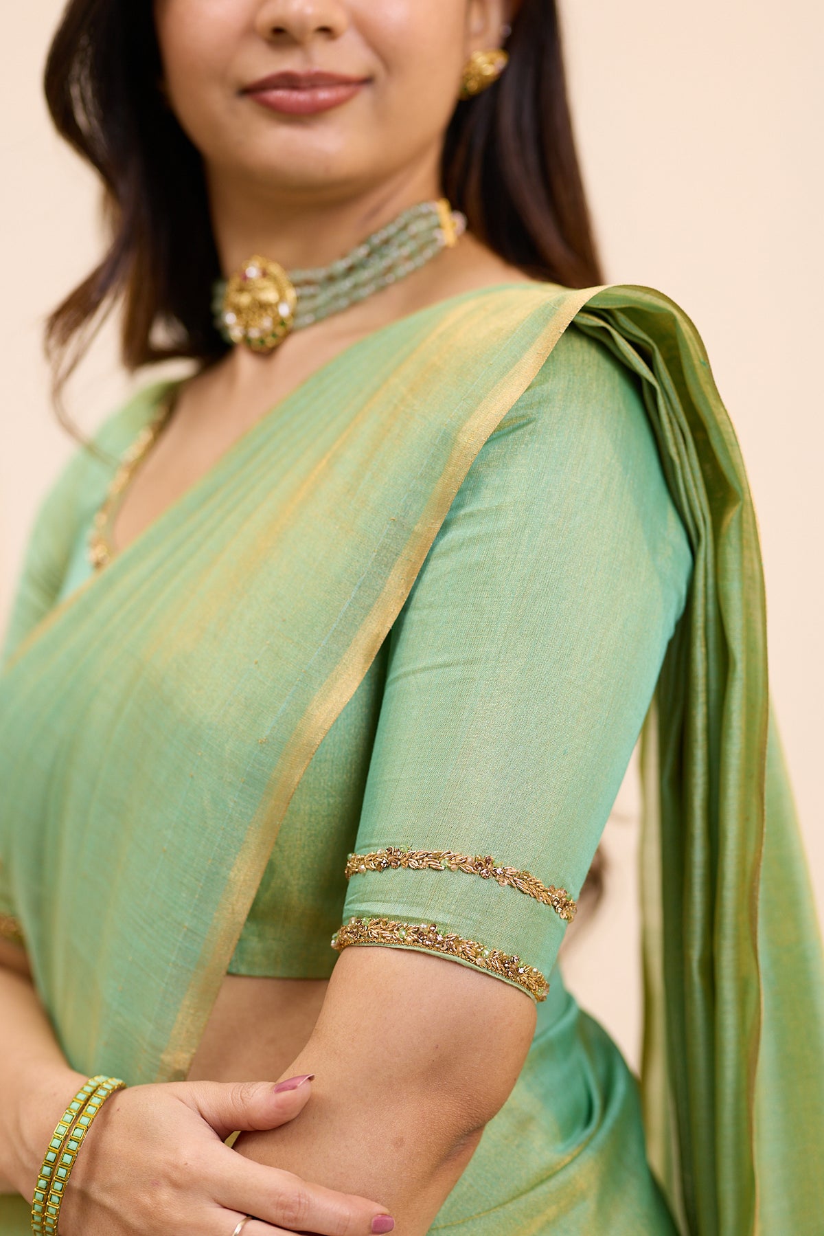 Sage Mist Maheshwari Tissue Silk Cotton Saree