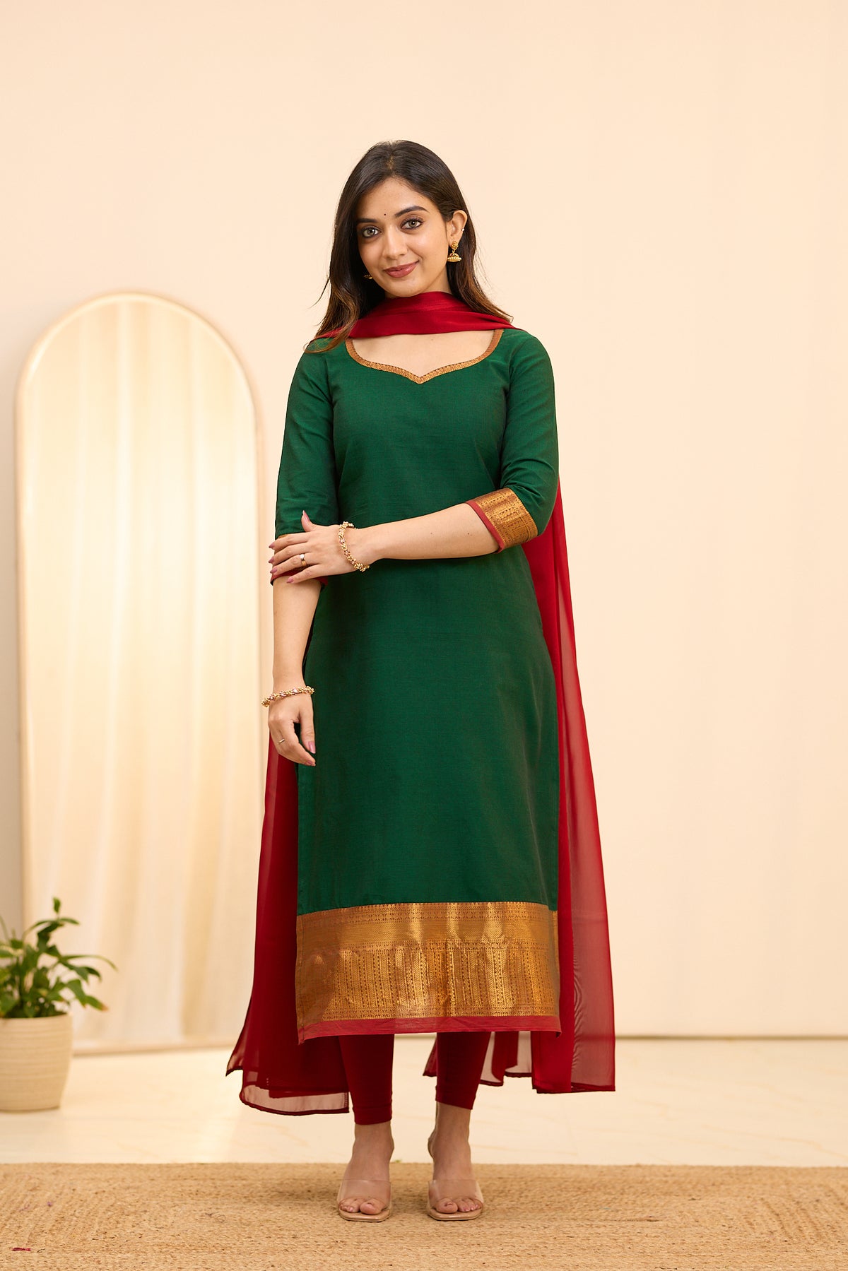 Traditional Green Chettinad Cotton Top and Dupatta