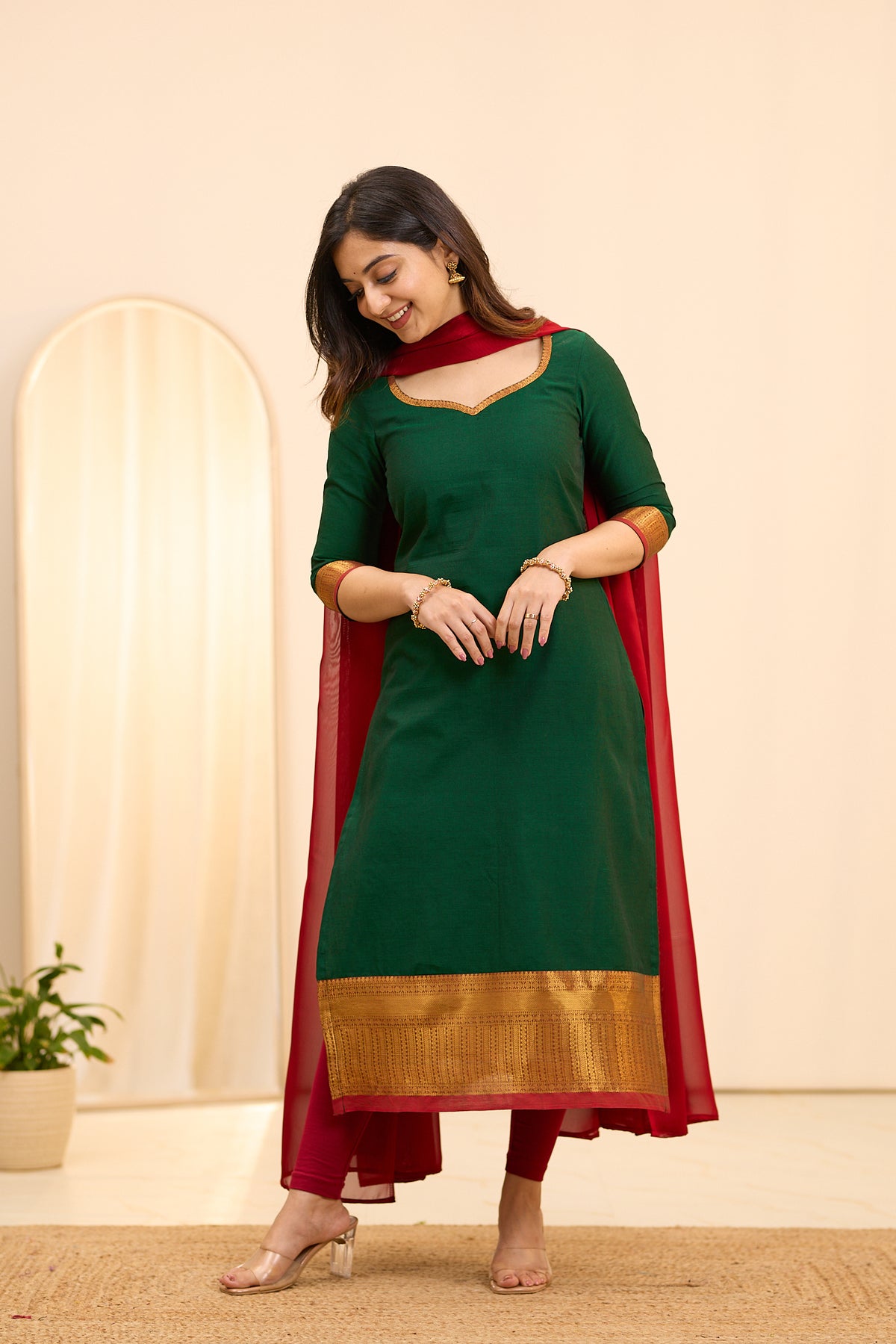 Traditional Green Chettinad Cotton Top and Dupatta