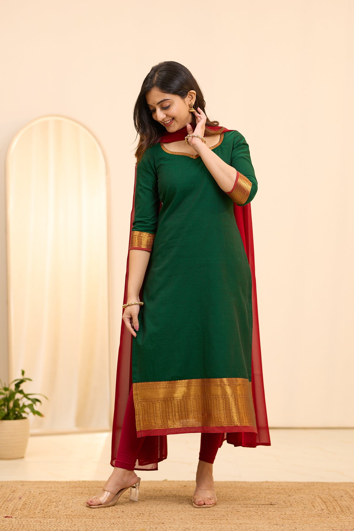Traditional Green Chettinad Cotton Top and Dupatta