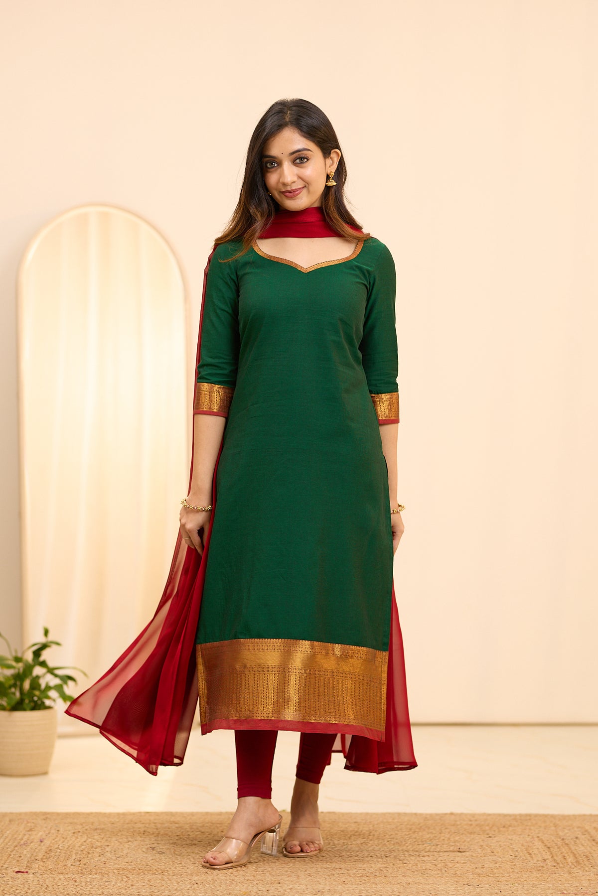Traditional Green Chettinad Cotton Top and Dupatta