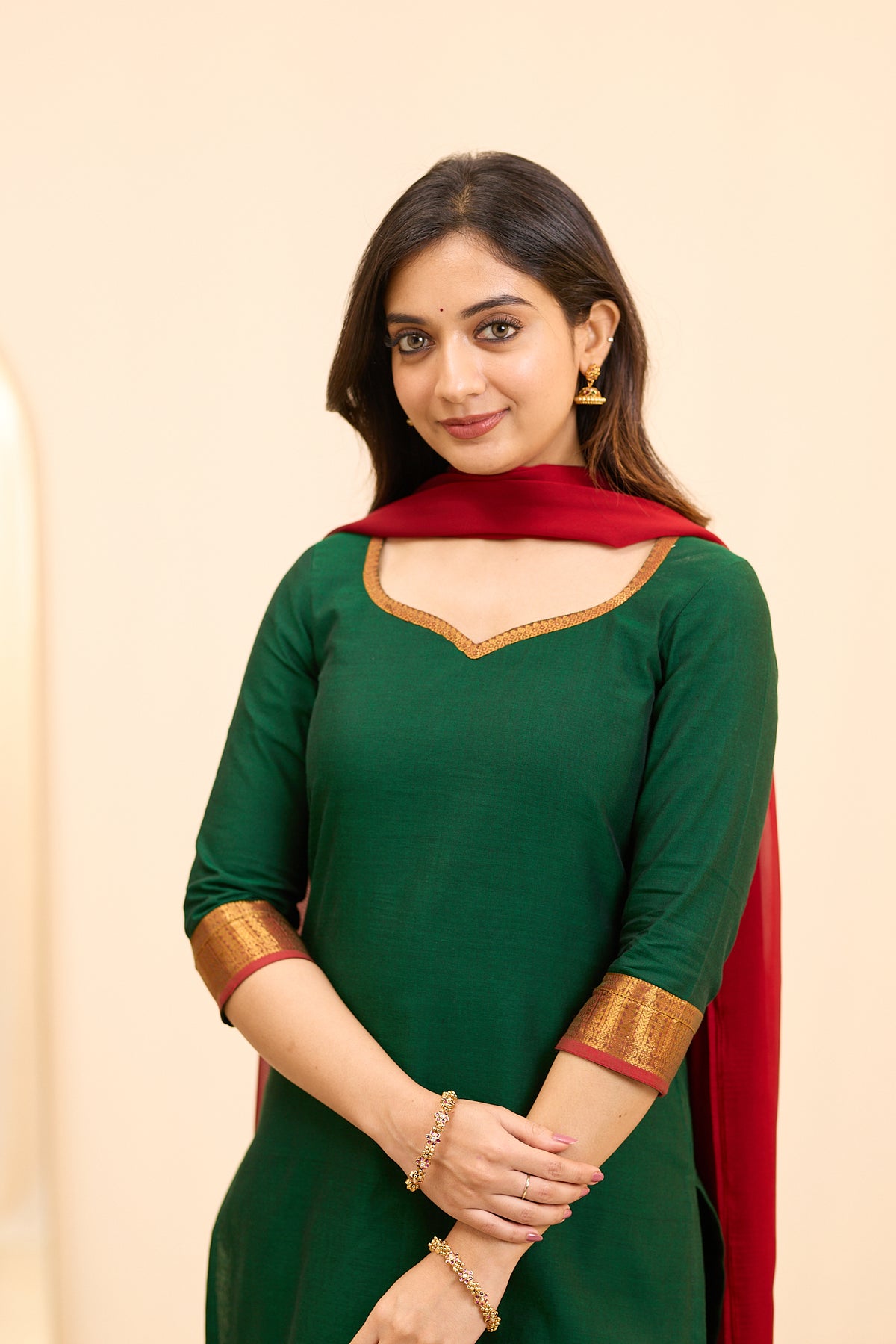 Traditional Green Chettinad Cotton Top and Dupatta