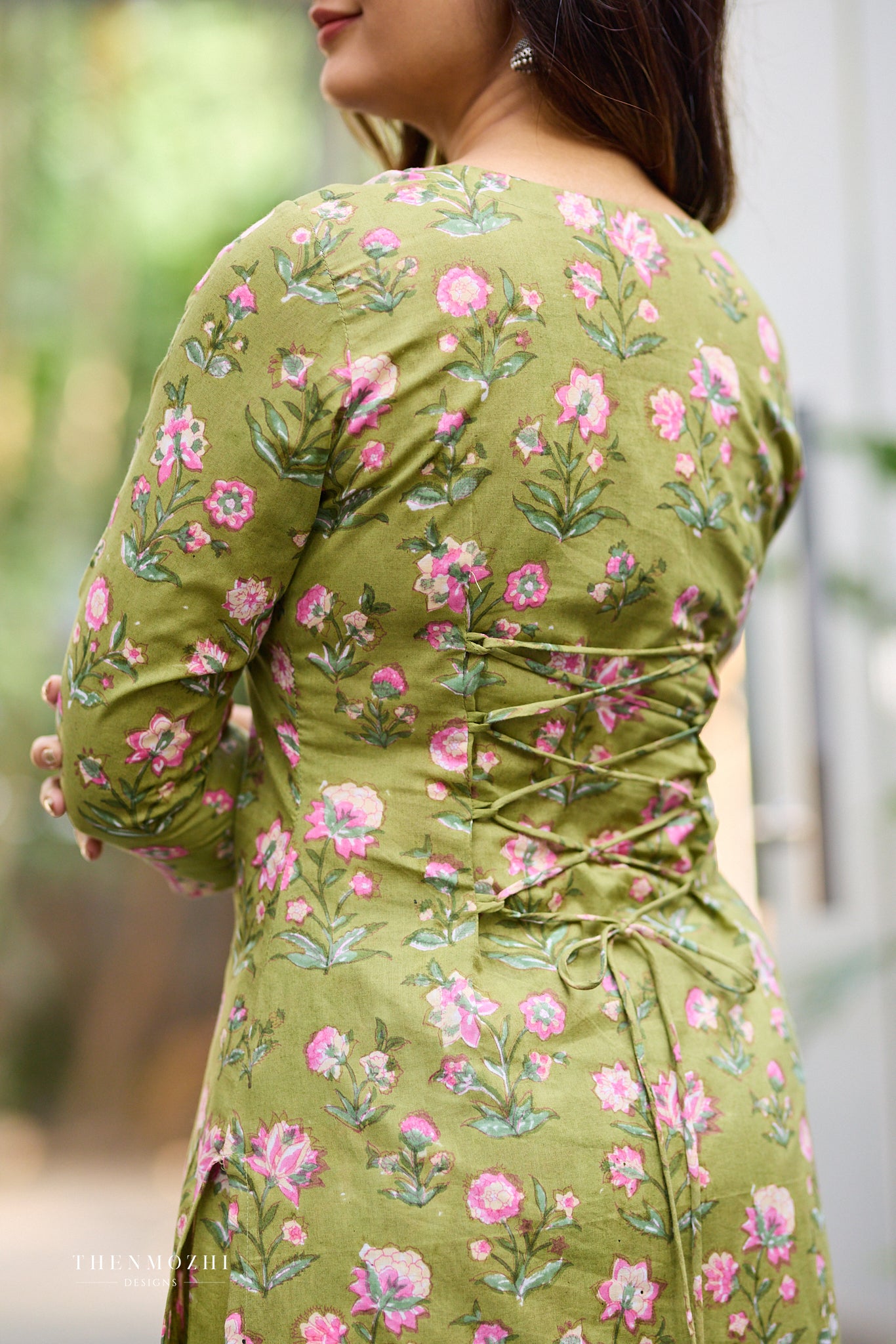 Fresh Olive Block Print cord set with Back Corset Lacing