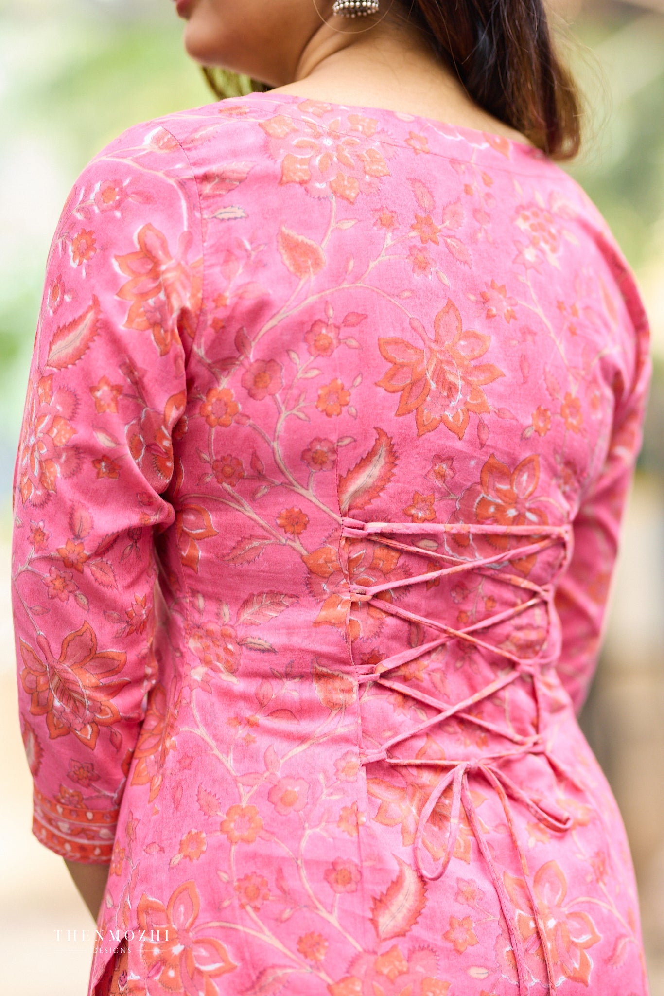 Coral Rose Pink Kurta with Orange Floral Block Print cord set with Back Corset Lacing