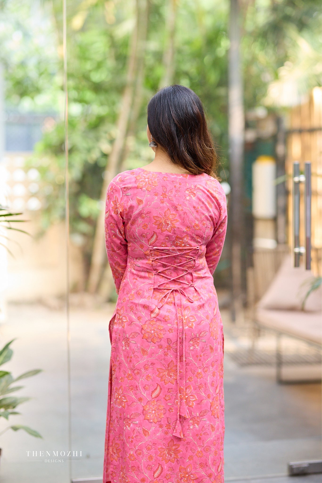 Coral Rose Pink Kurta with Orange Floral Block Print cord set with Back Corset Lacing
