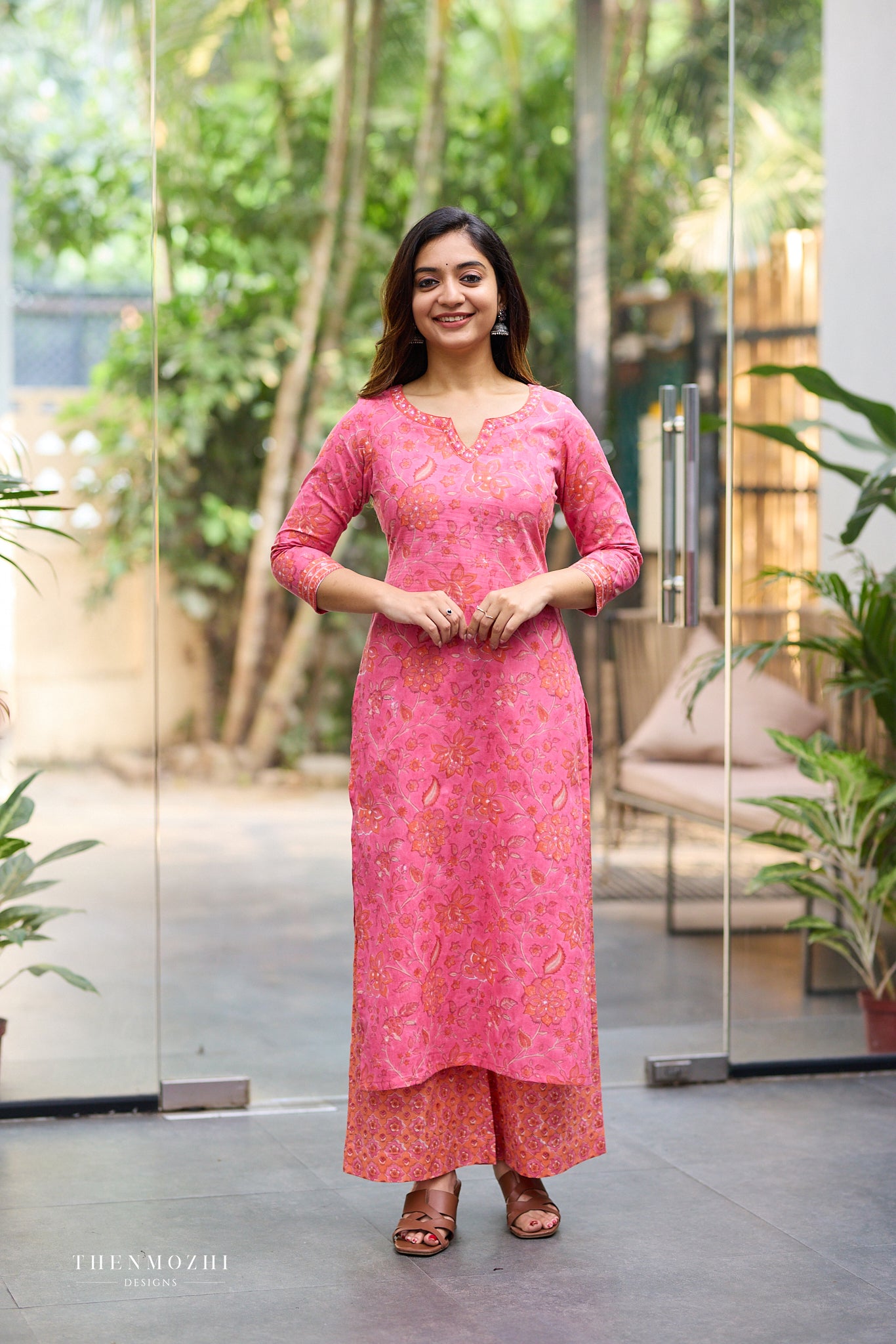 Coral Rose Pink Kurta with Orange Floral Block Print cord set with Back Corset Lacing