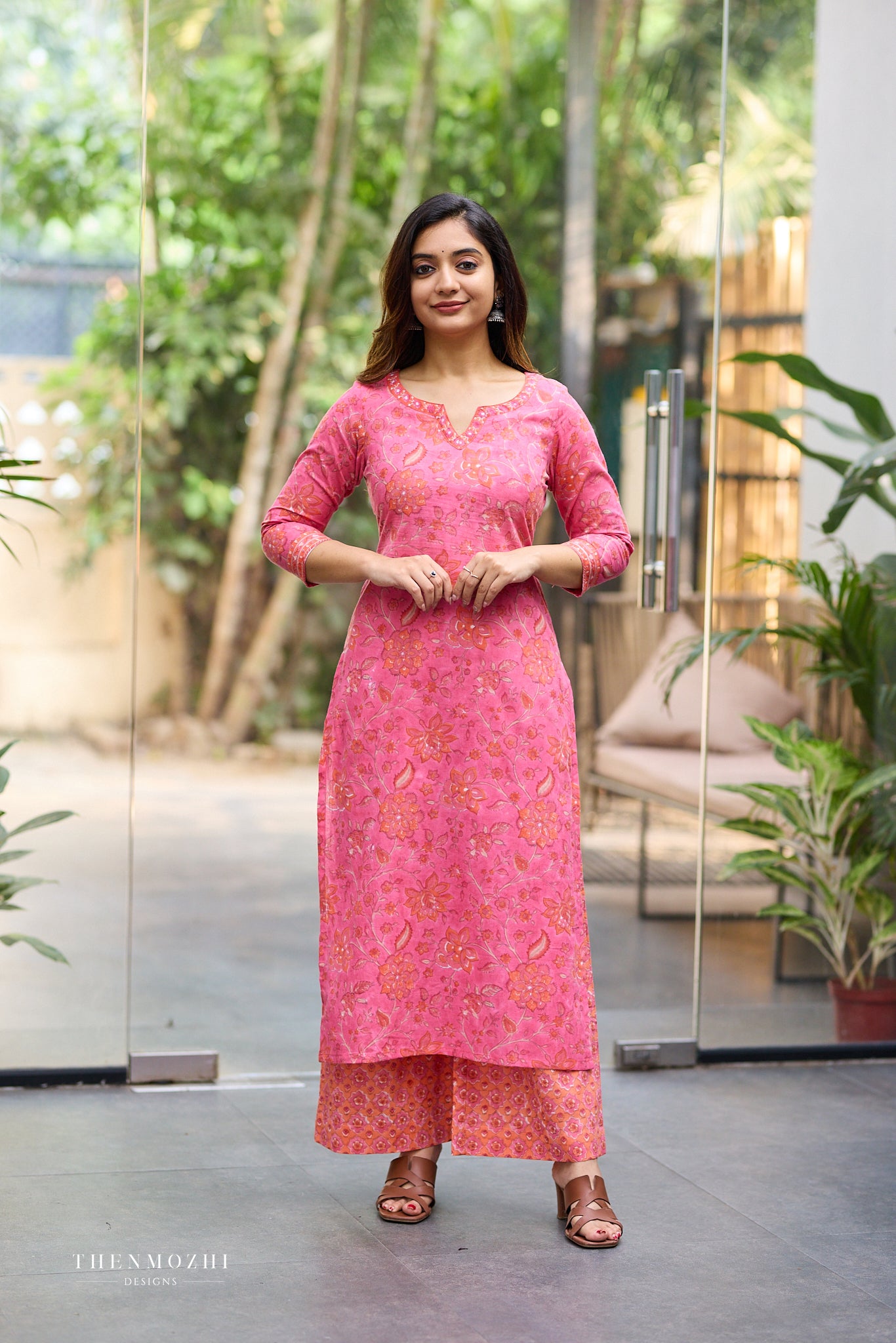 Coral Rose Pink Kurta with Orange Floral Block Print cord set with Back Corset Lacing