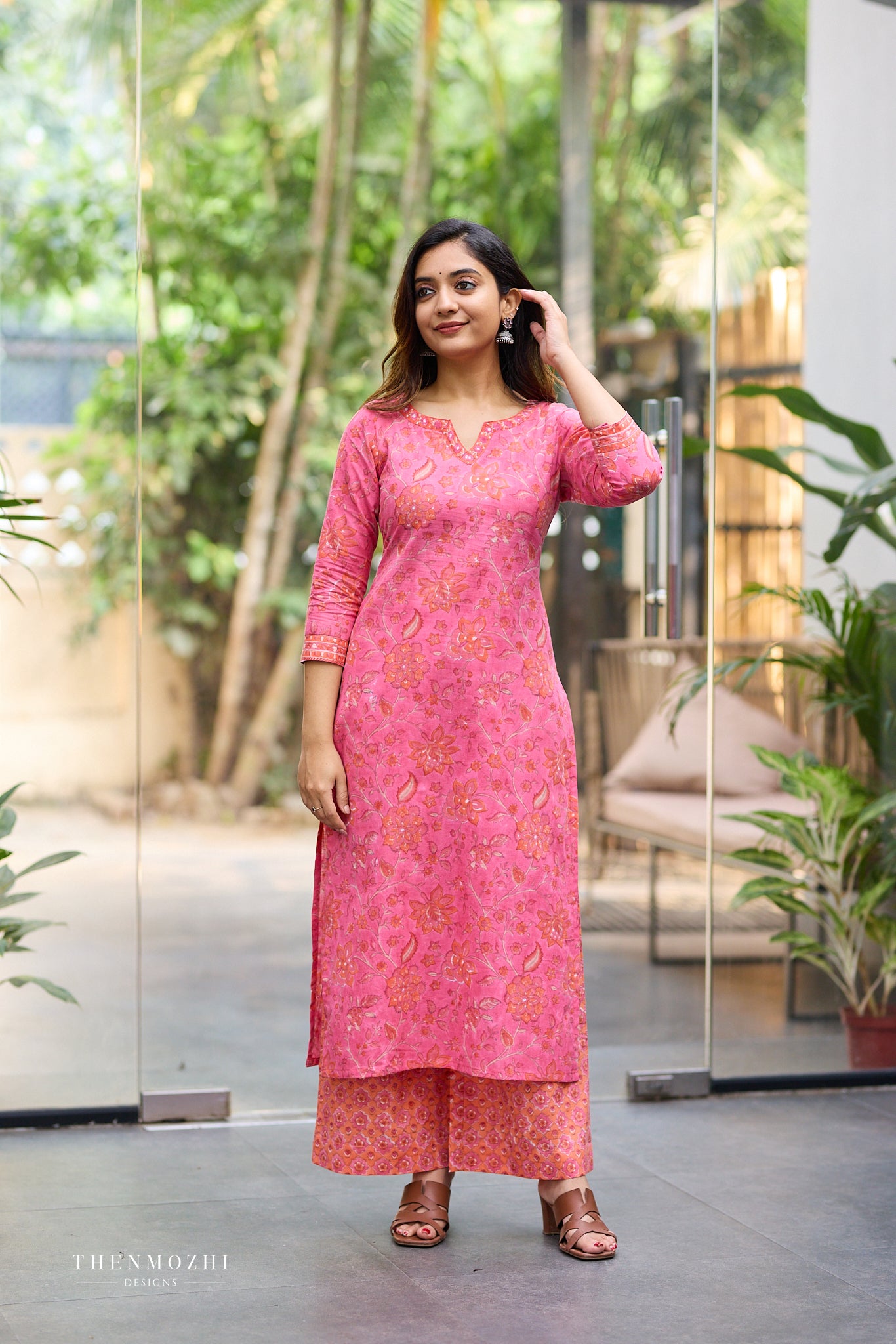 Coral Rose Pink Kurta with Orange Floral Block Print cord set with Back Corset Lacing