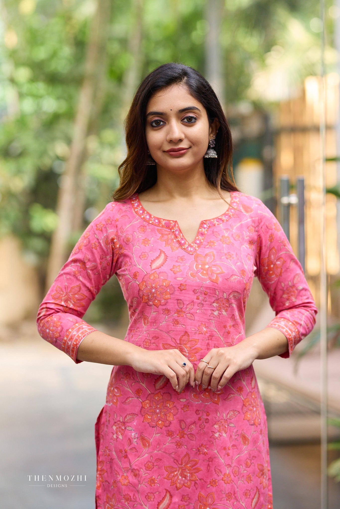 Coral Rose Pink Kurta with Orange Floral Block Print cord set with Back Corset Lacing