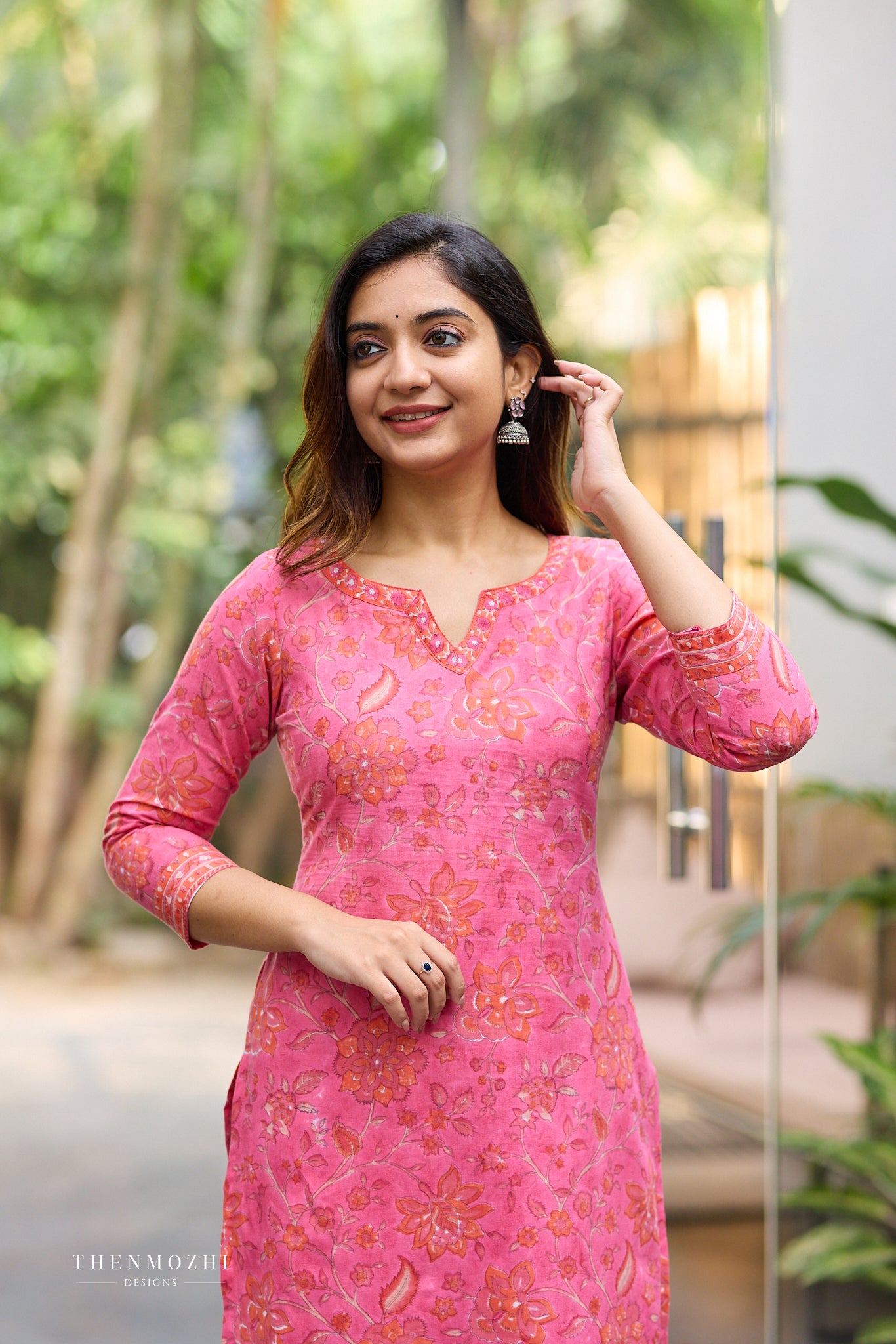Coral Rose Pink Kurta with Orange Floral Block Print cord set with Back Corset Lacing