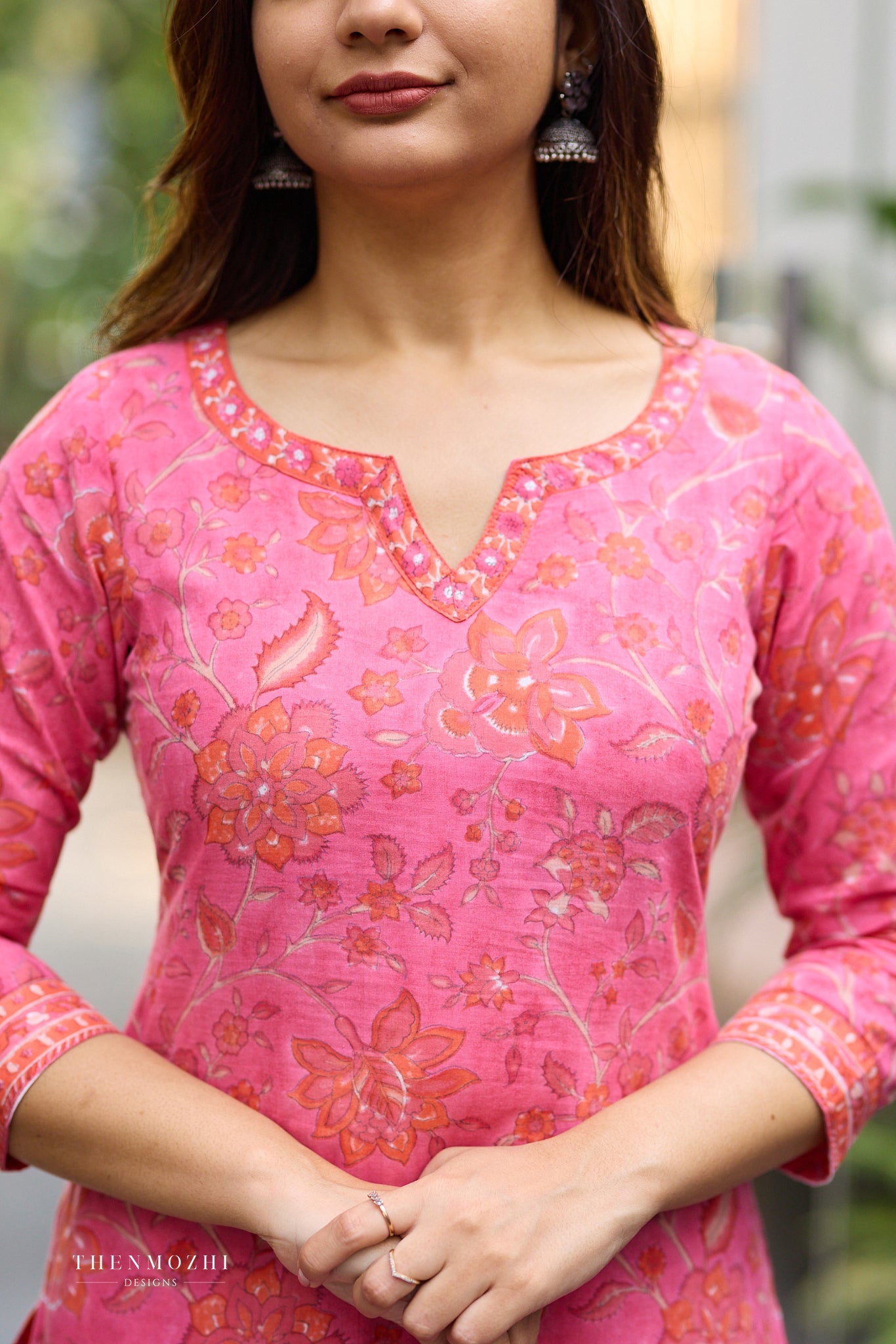 Coral Rose Pink Kurta with Orange Floral Block Print cord set with Back Corset Lacing