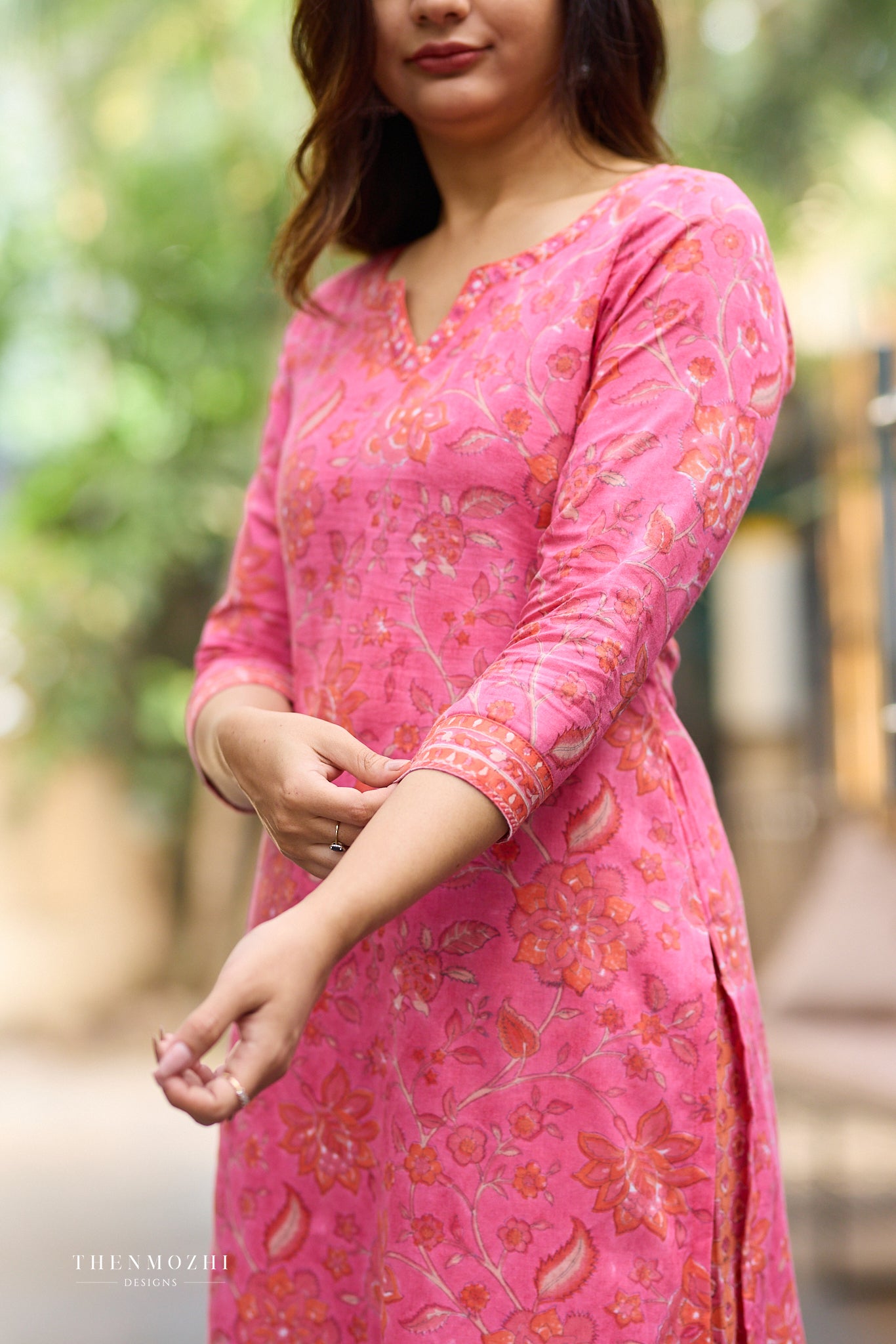 Coral Rose Pink Kurta with Orange Floral Block Print cord set with Back Corset Lacing