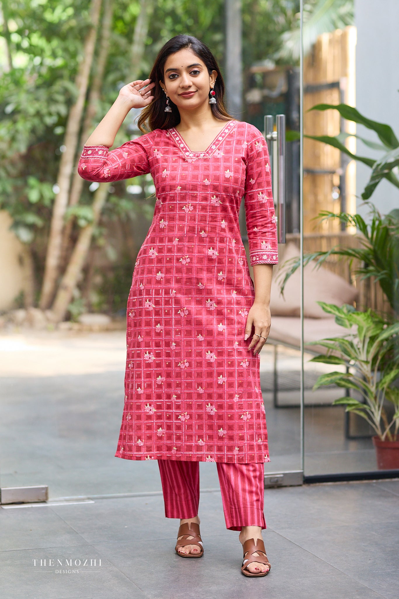 Deep Rose Red Pink Kurta with White Grid Checks and Floral Motifs kurta