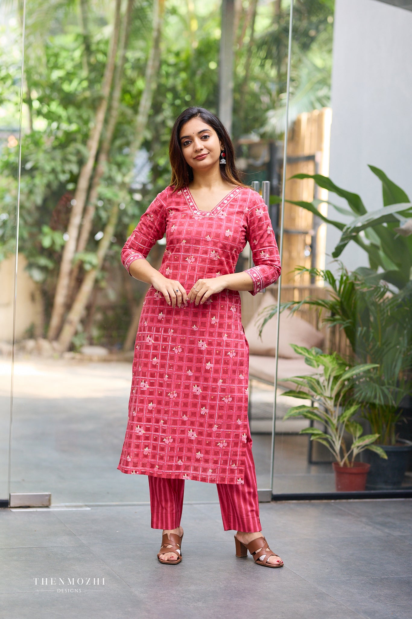 Deep Rose Red Pink Kurta with White Grid Checks and Floral Motifs kurta