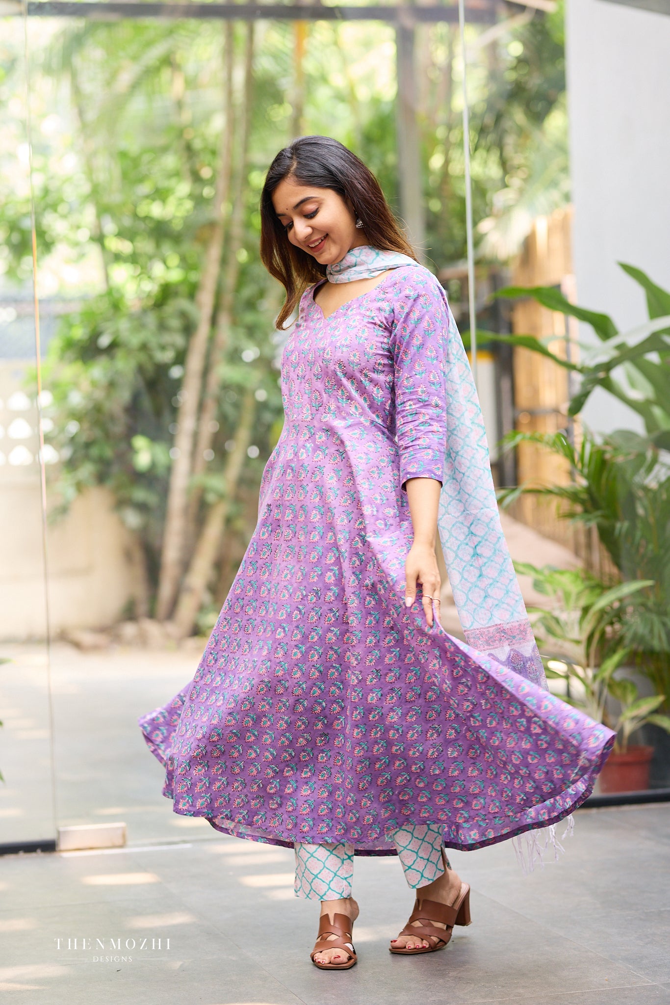 Lavender Purple Kurta with Teal and Pink Floral Block Print Anarkali set