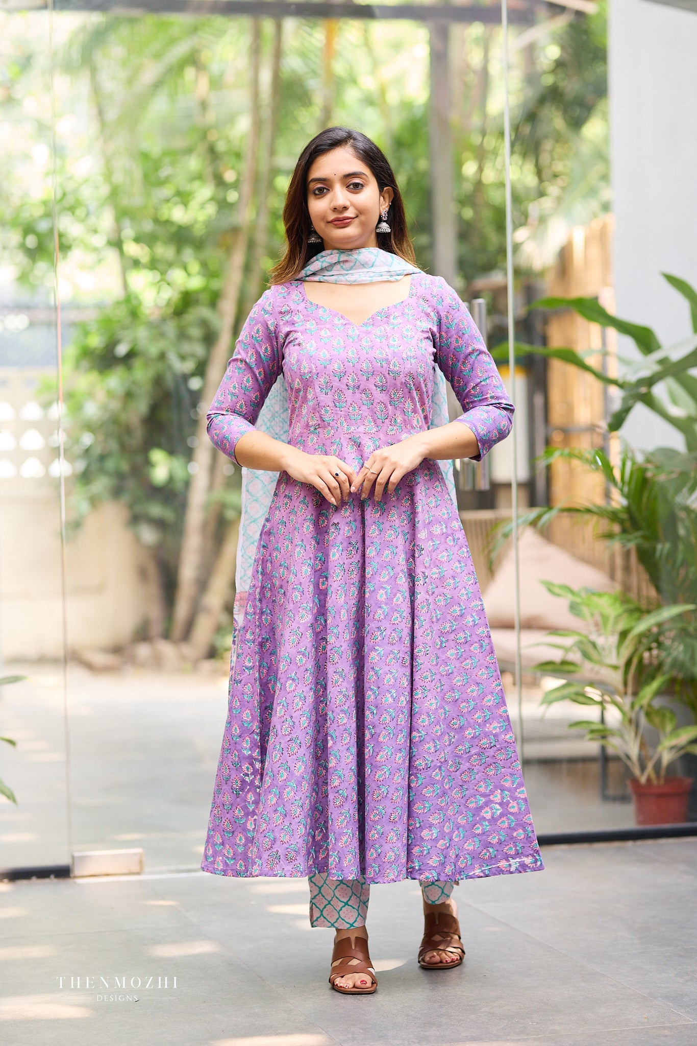 Lavender Purple Kurta with Teal and Pink Floral Block Print Anarkali set