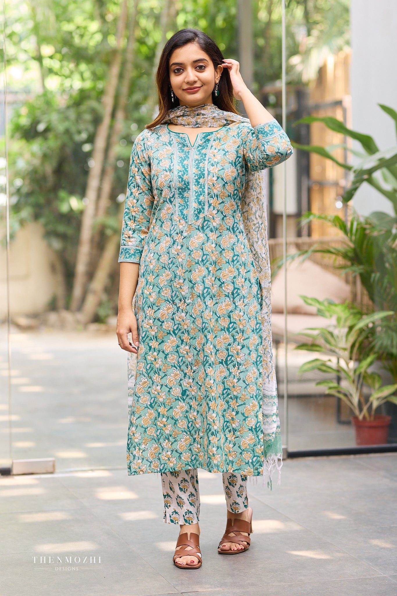 Muted Teal Floral Hand block suit set