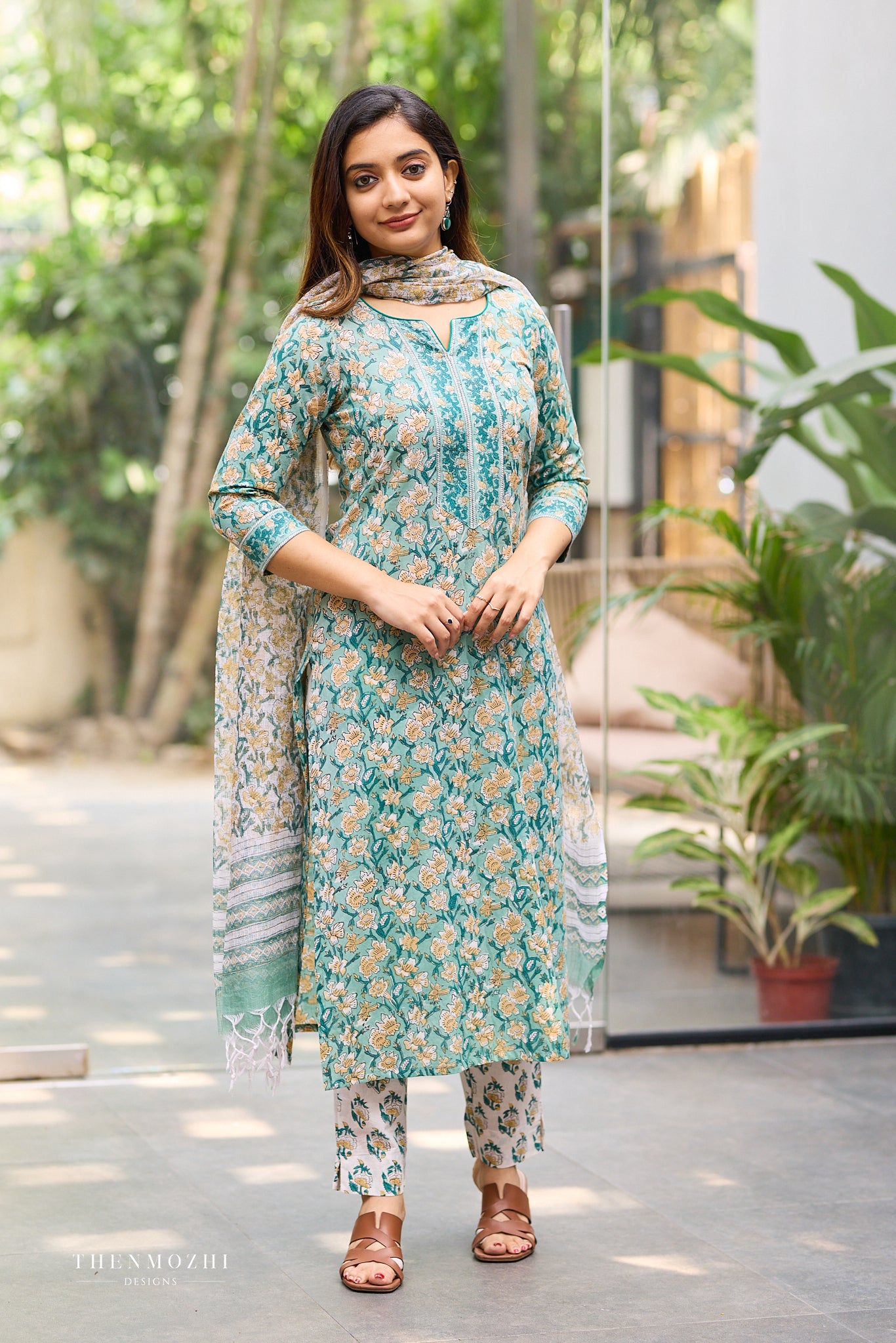 Muted Teal Floral Hand block suit set