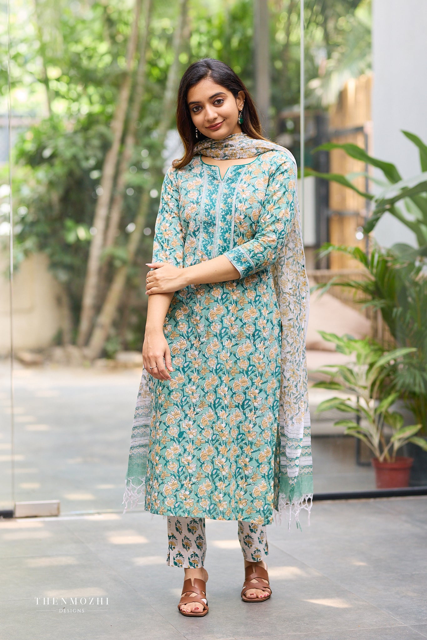 Muted Teal Floral Hand block suit set