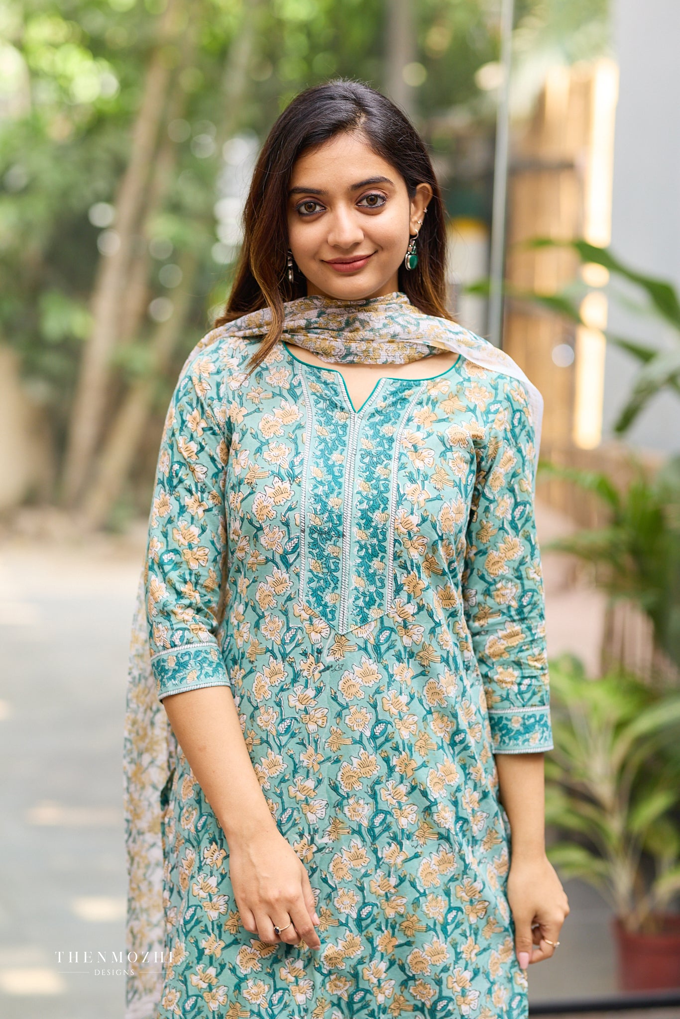 Muted Teal Floral Hand block suit set