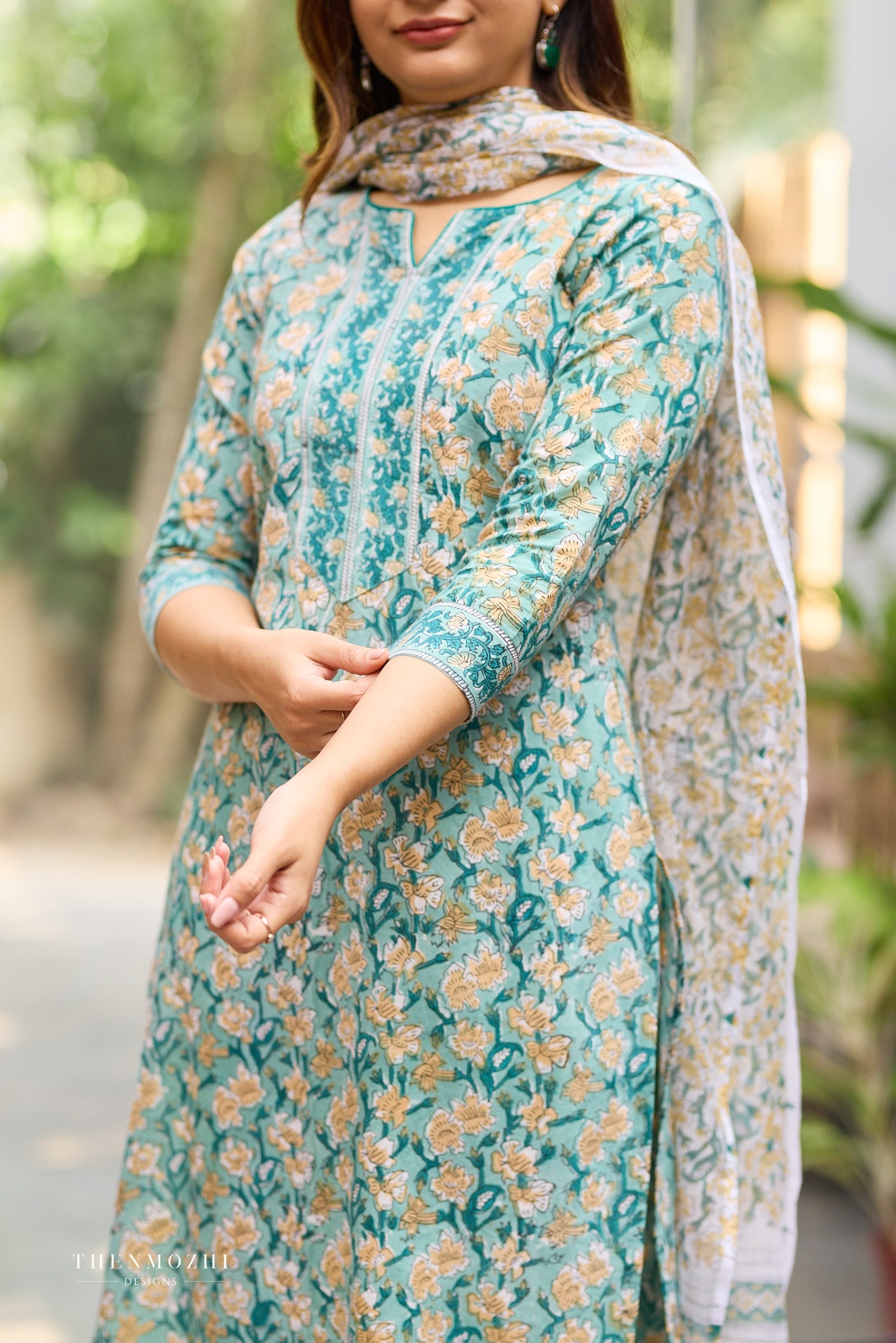 Muted Teal Floral Hand block suit set