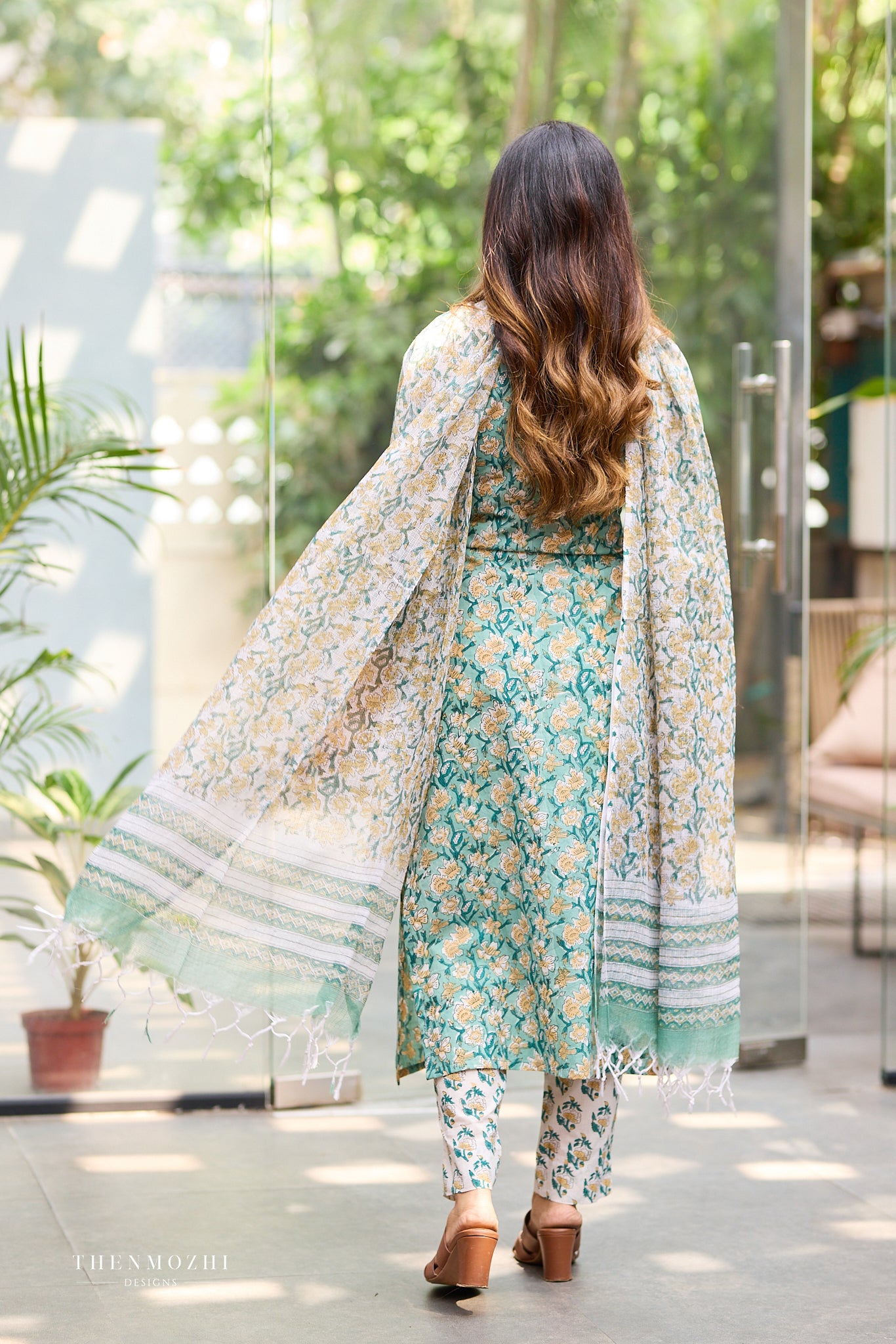 Muted Teal Floral Hand block suit set
