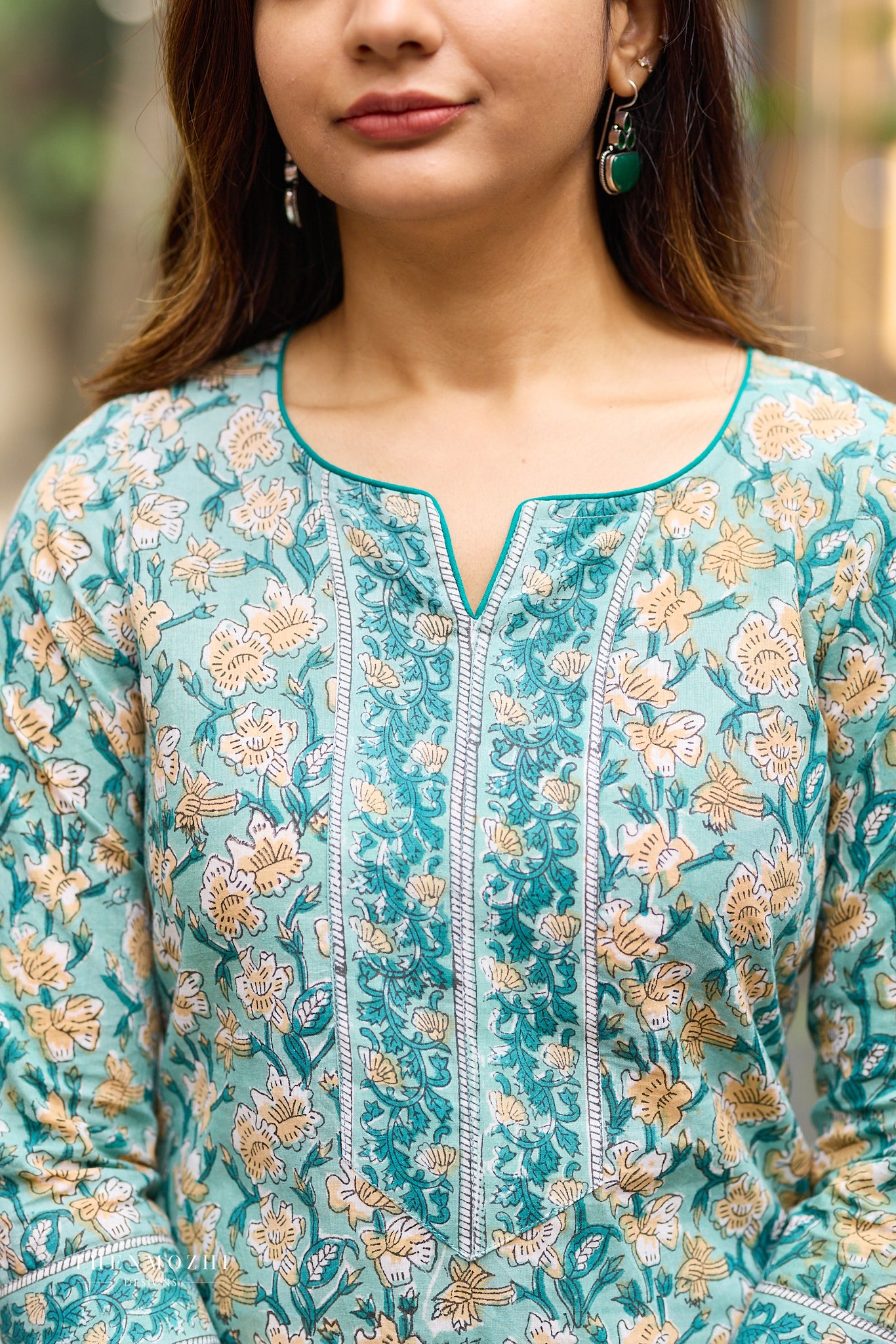 Muted Teal Floral Hand block suit set
