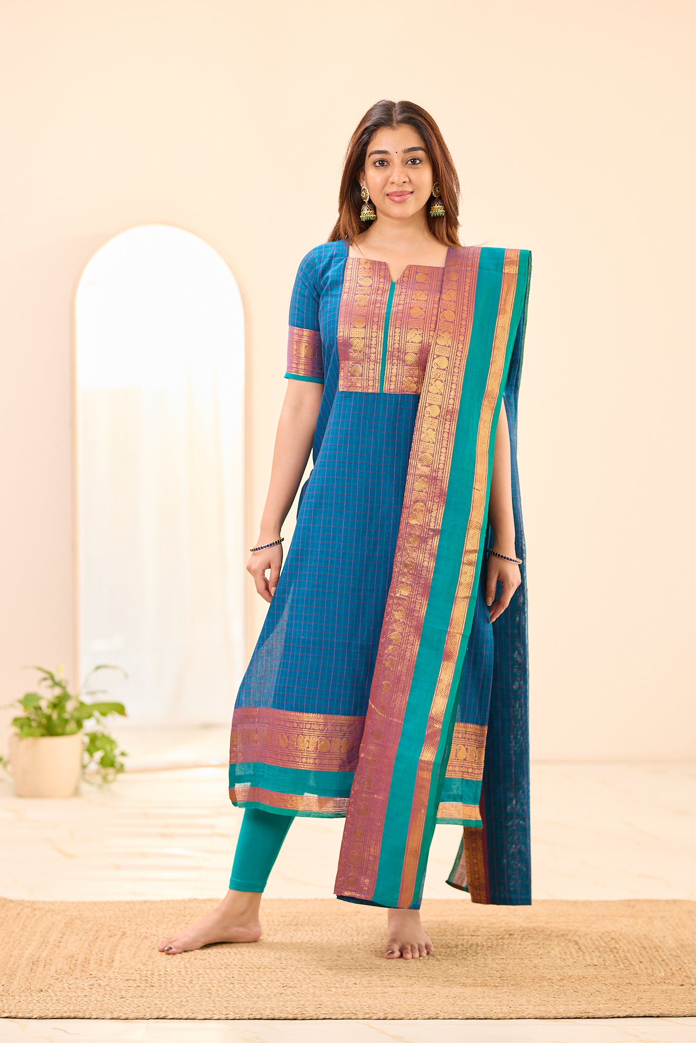 Peacock Blue Checks with Teal Green Border Chettinad Cotton Top and Dupatta