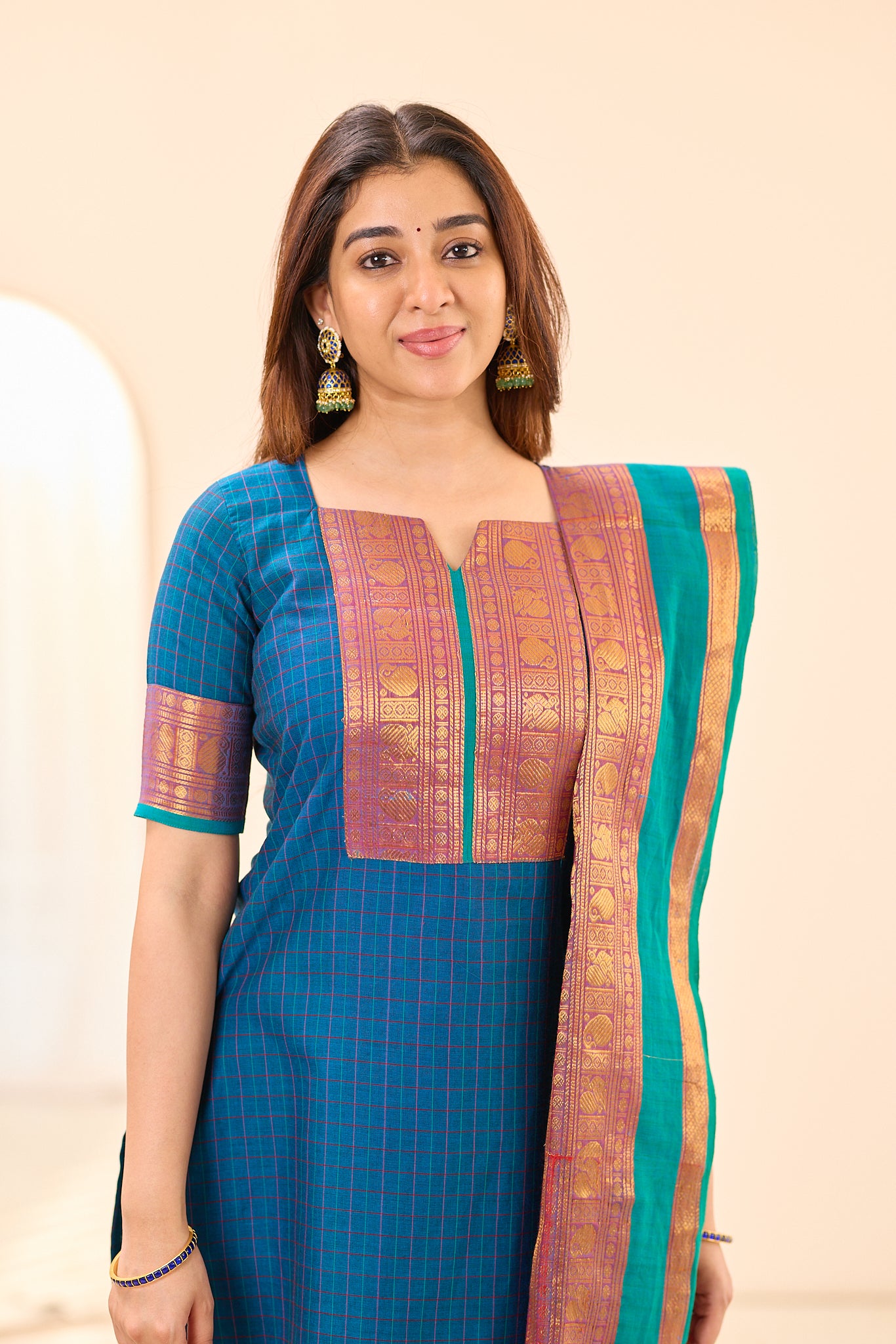Peacock Blue Checks with Teal Green Border Chettinad Cotton Top and Dupatta
