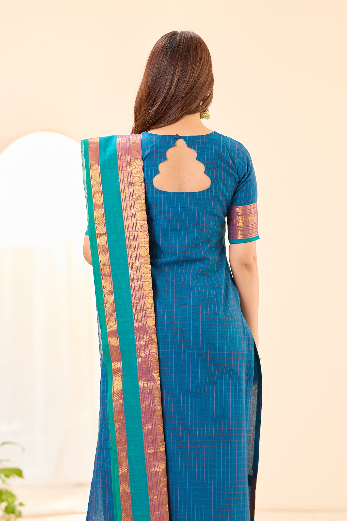 Peacock Blue Checks with Teal Green Border Chettinad Cotton Top and Dupatta