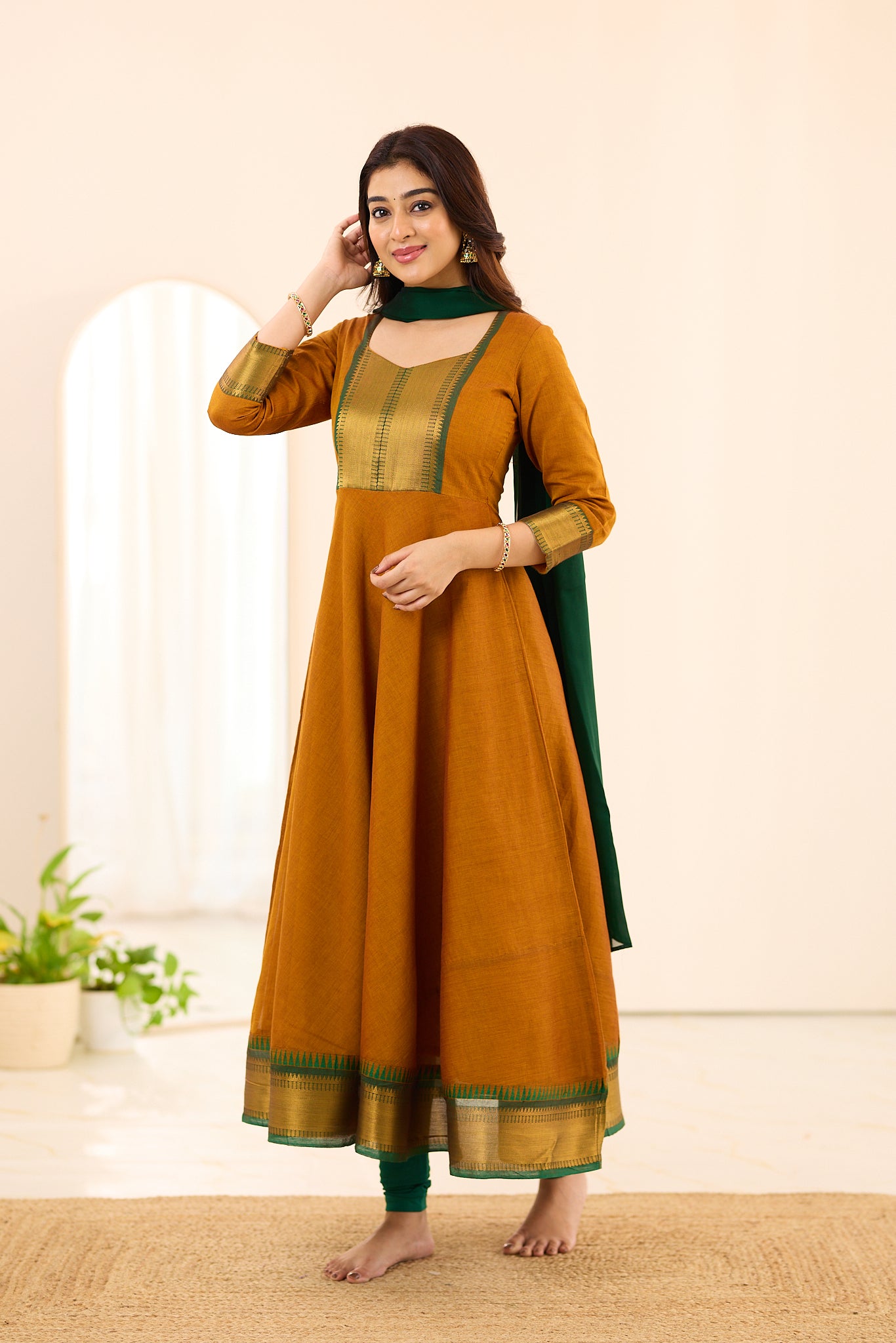 Mustard Yellow with Dark Green Border Chettinad Cotton Anarkali