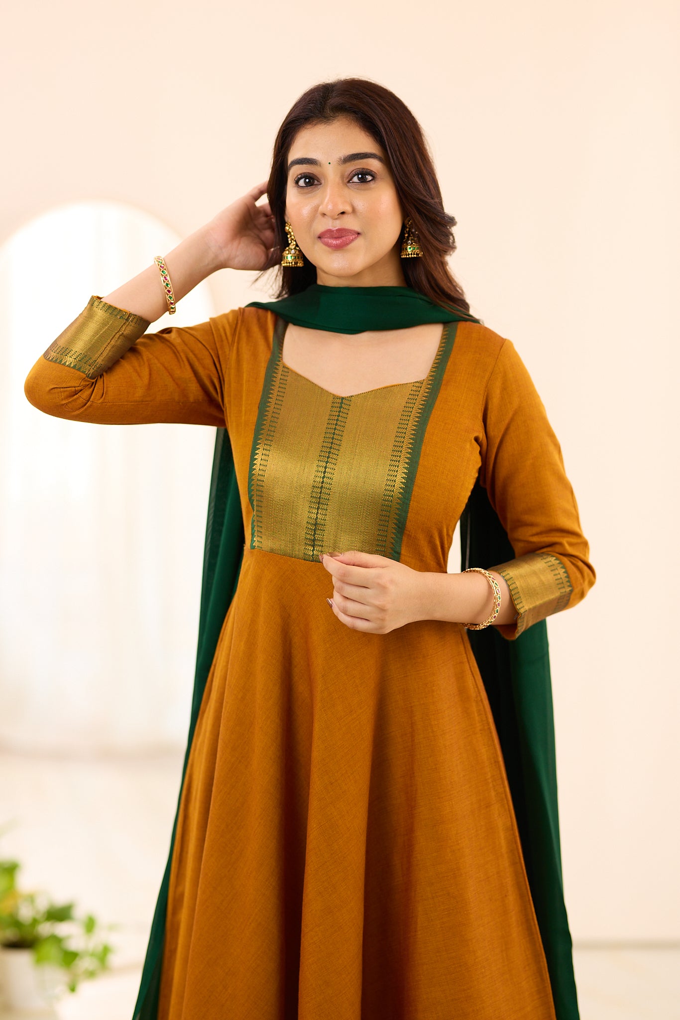 Mustard Yellow with Dark Green Border Chettinad Cotton Anarkali