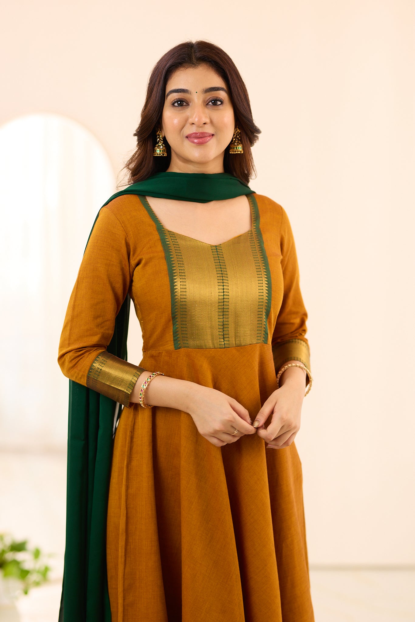 Mustard Yellow with Dark Green Border Chettinad Cotton Anarkali