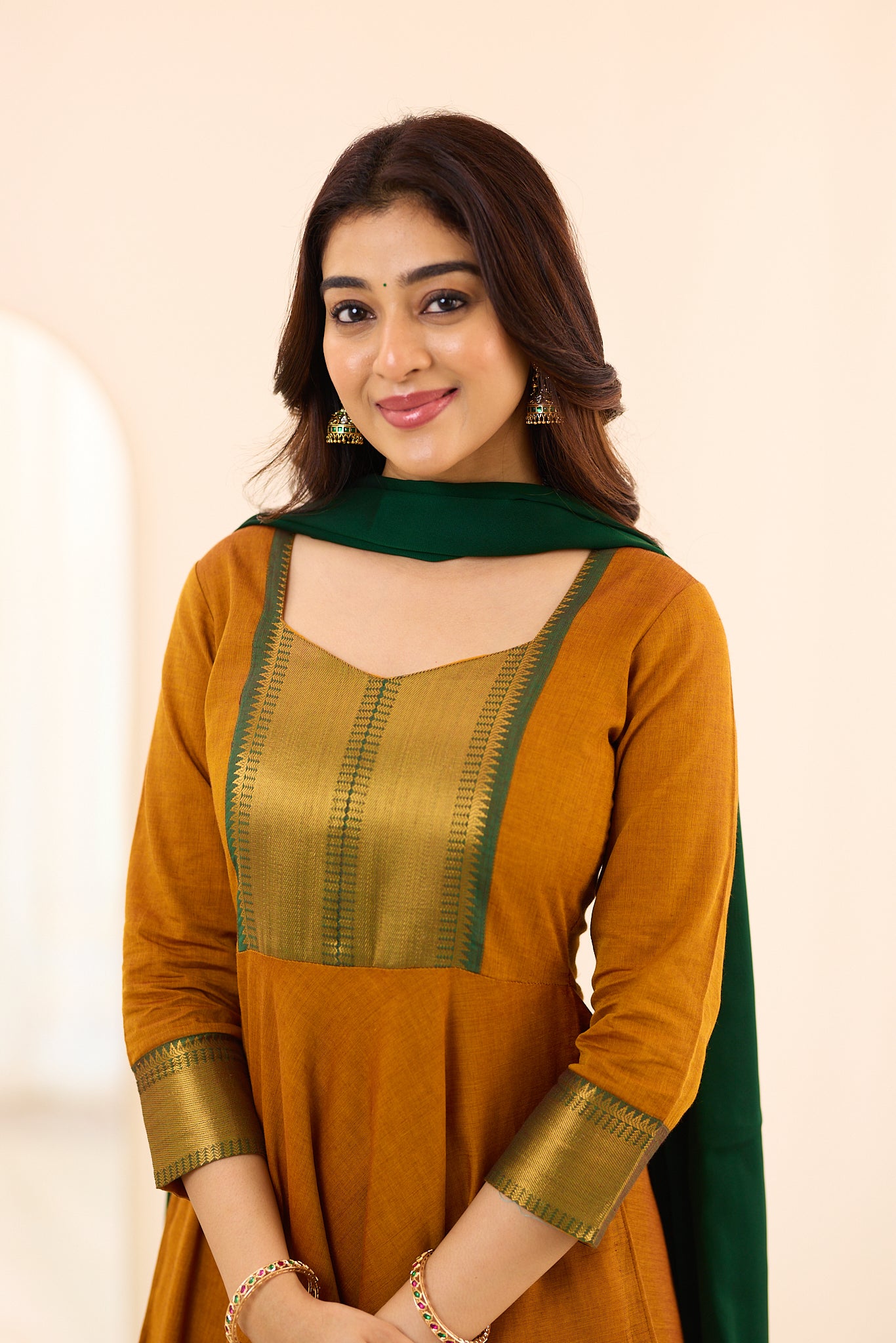 Mustard Yellow with Dark Green Border Chettinad Cotton Anarkali