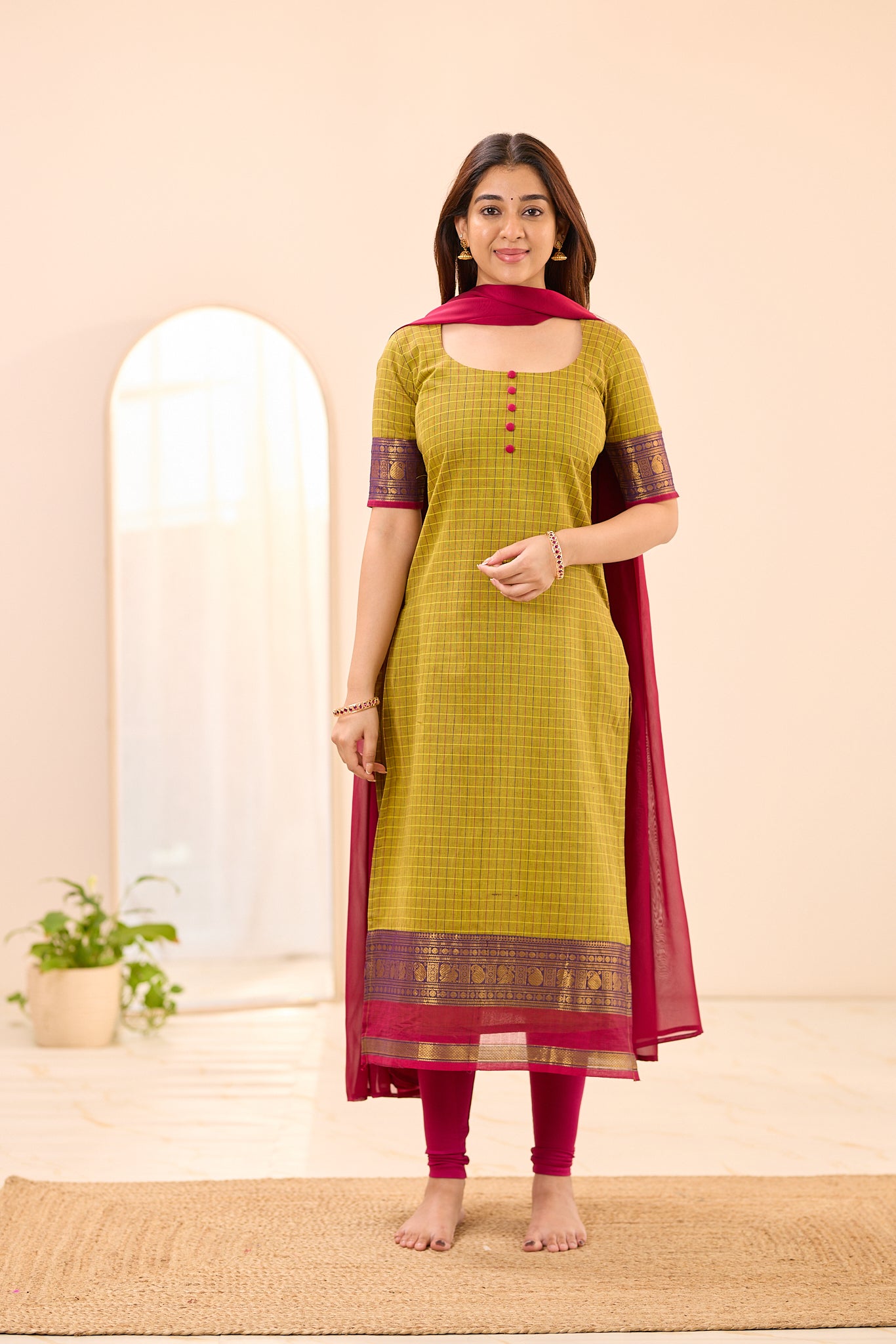 Olive Green Checks with Pink Zari Border Chettinad Cotton Top and Dupatta