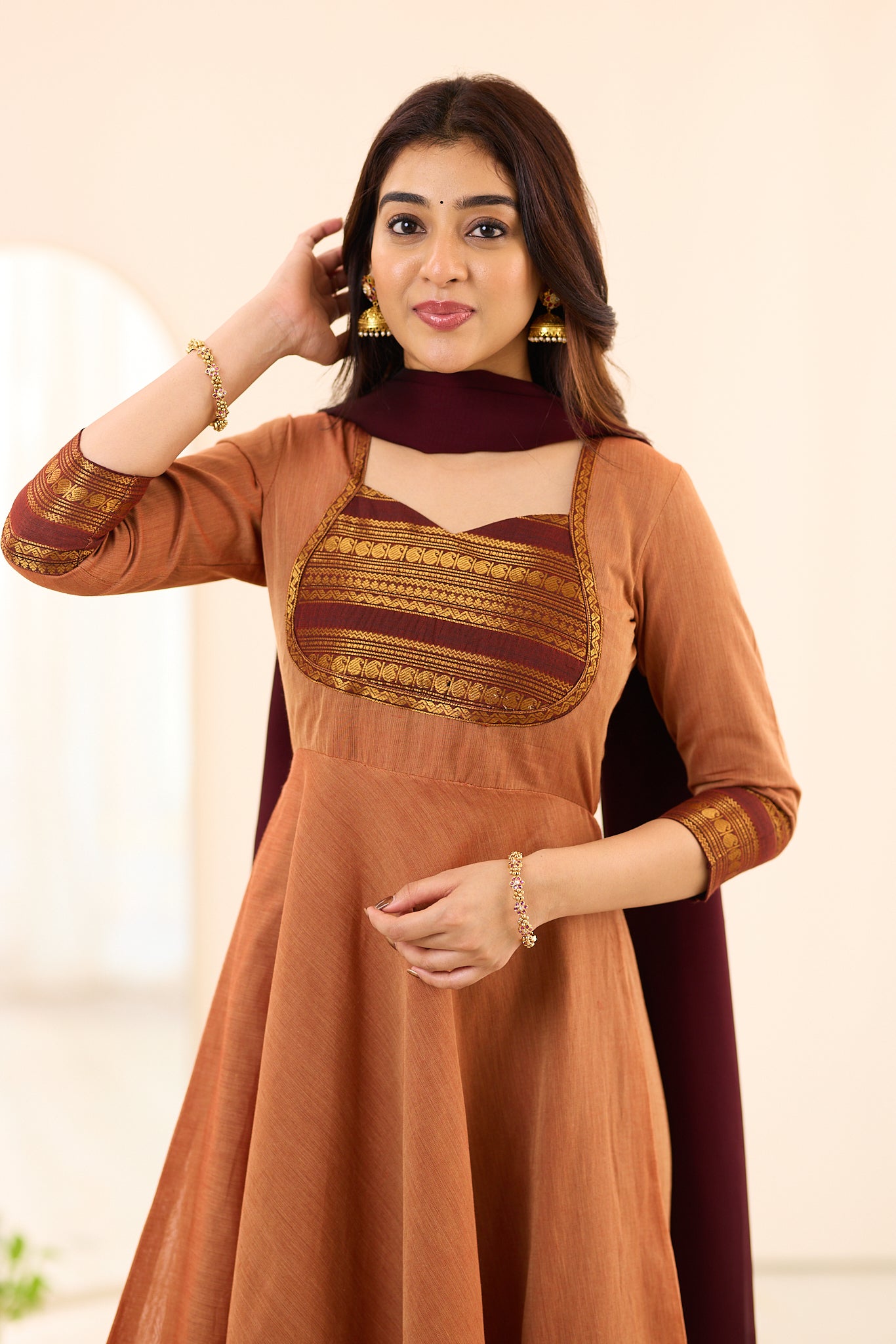 Rust Brown with Maroon & Antique Gold Border Chettinad Cotton Anarkali