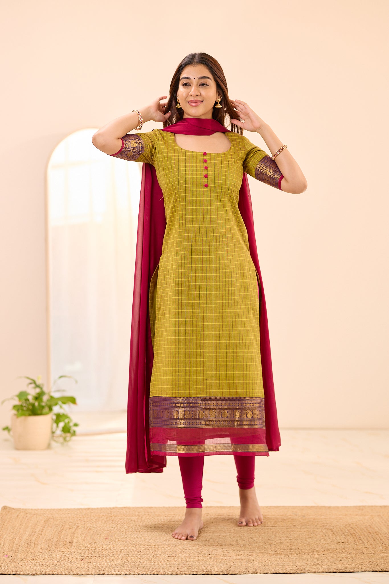 Olive Green Checks with Pink Zari Border Chettinad Cotton Top and Dupatta