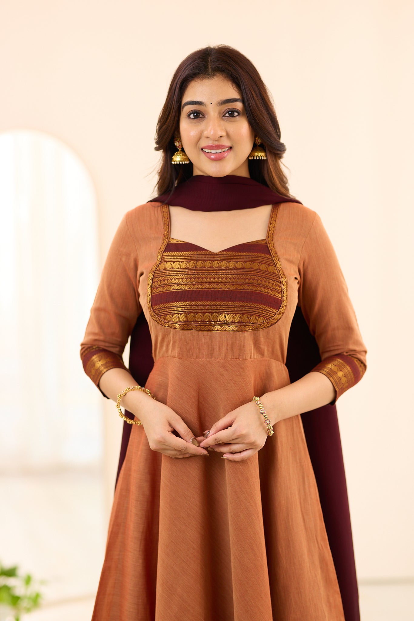 Rust Brown with Maroon & Antique Gold Border Chettinad Cotton Anarkali
