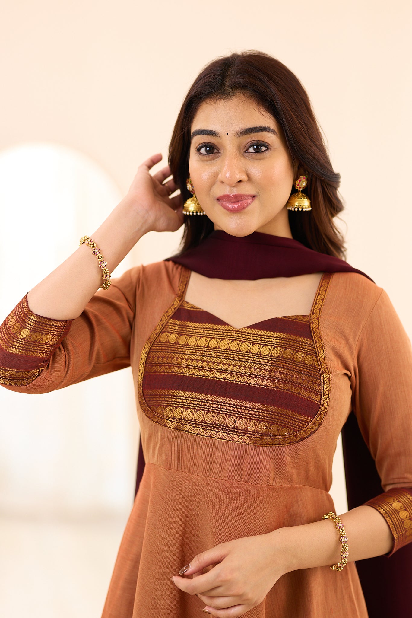 Rust Brown with Maroon & Antique Gold Border Chettinad Cotton Anarkali