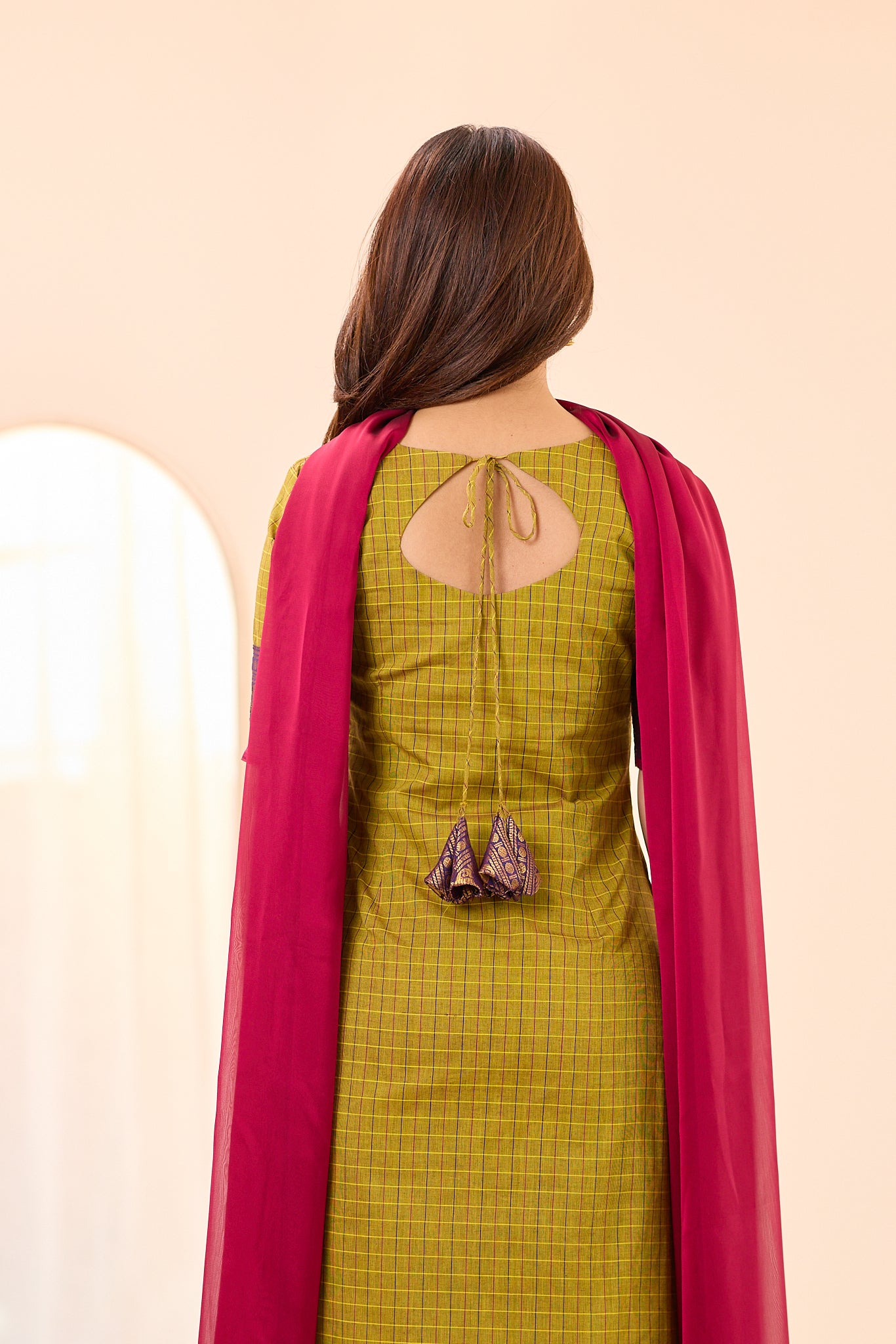 Olive Green Checks with Pink Zari Border Chettinad Cotton Top and Dupatta