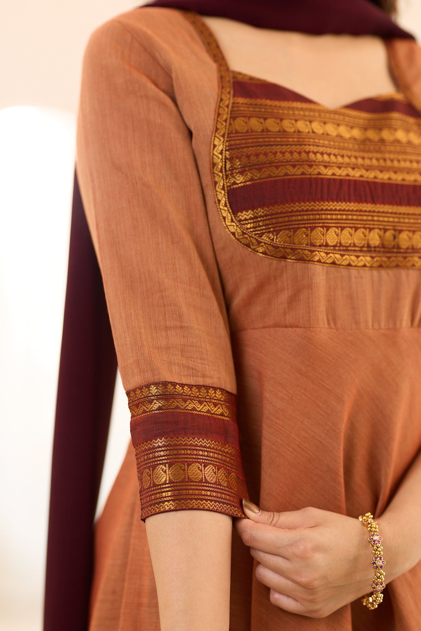 Rust Brown with Maroon & Antique Gold Border Chettinad Cotton Anarkali
