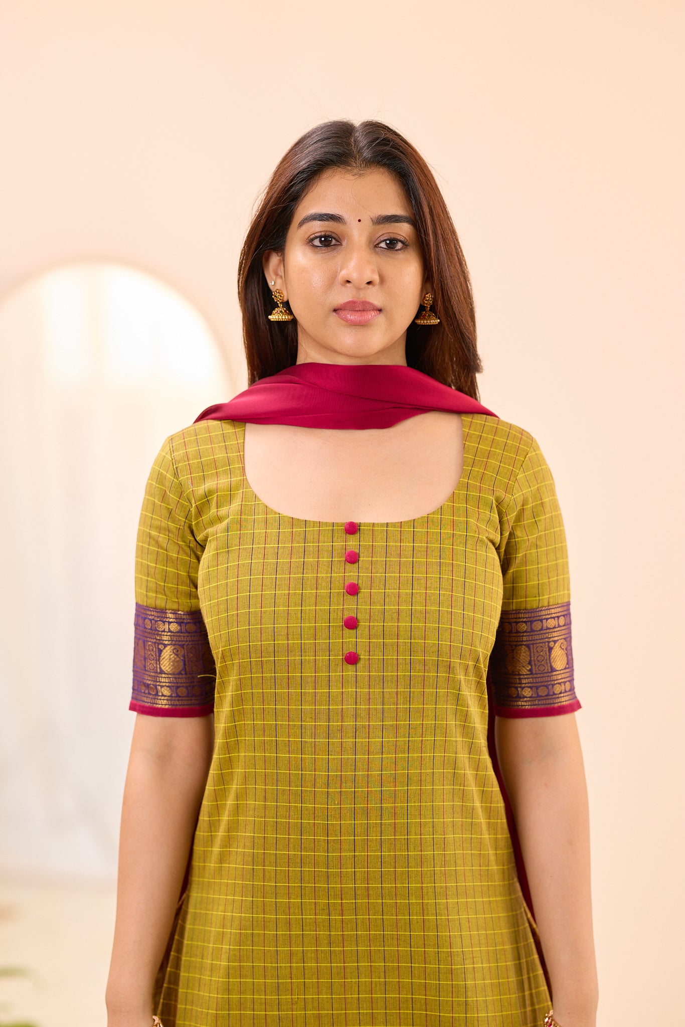 Olive Green Checks with Pink Zari Border Chettinad Cotton Top and Dupatta
