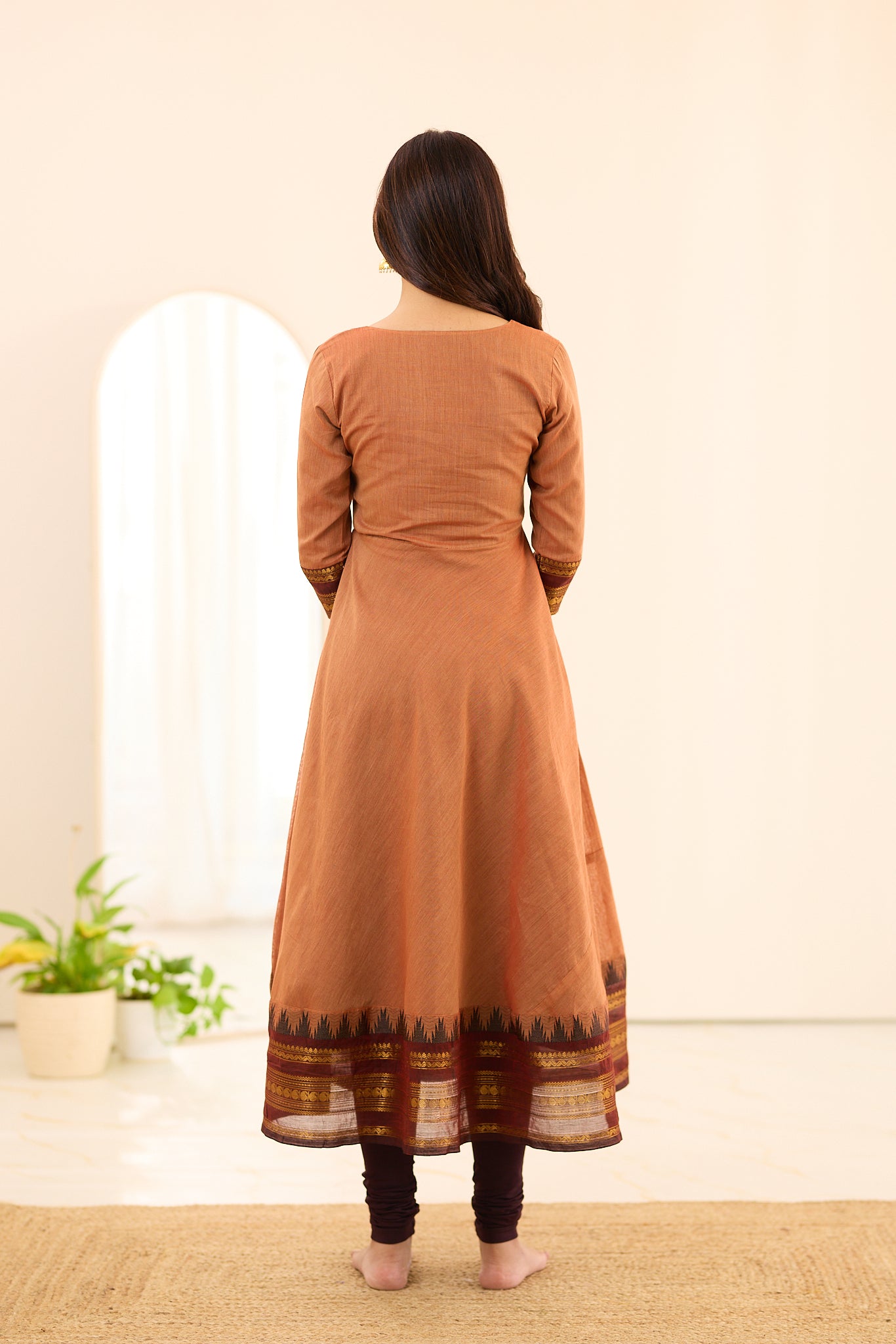 Rust Brown with Maroon & Antique Gold Border Chettinad Cotton Anarkali