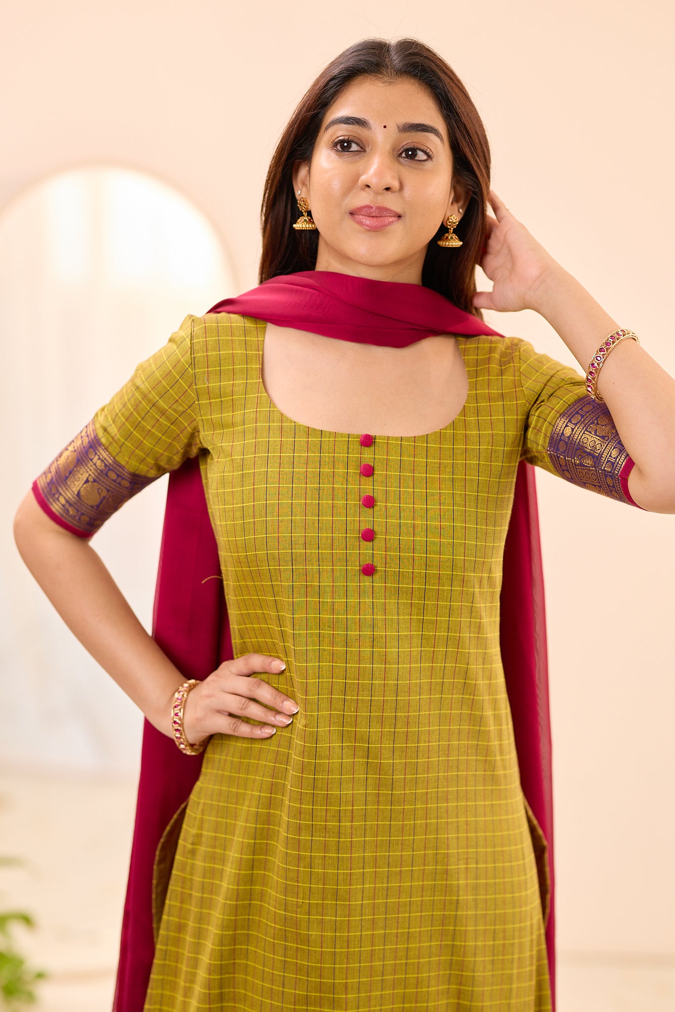 Olive Green Checks with Pink Zari Border Chettinad Cotton Top and Dupatta