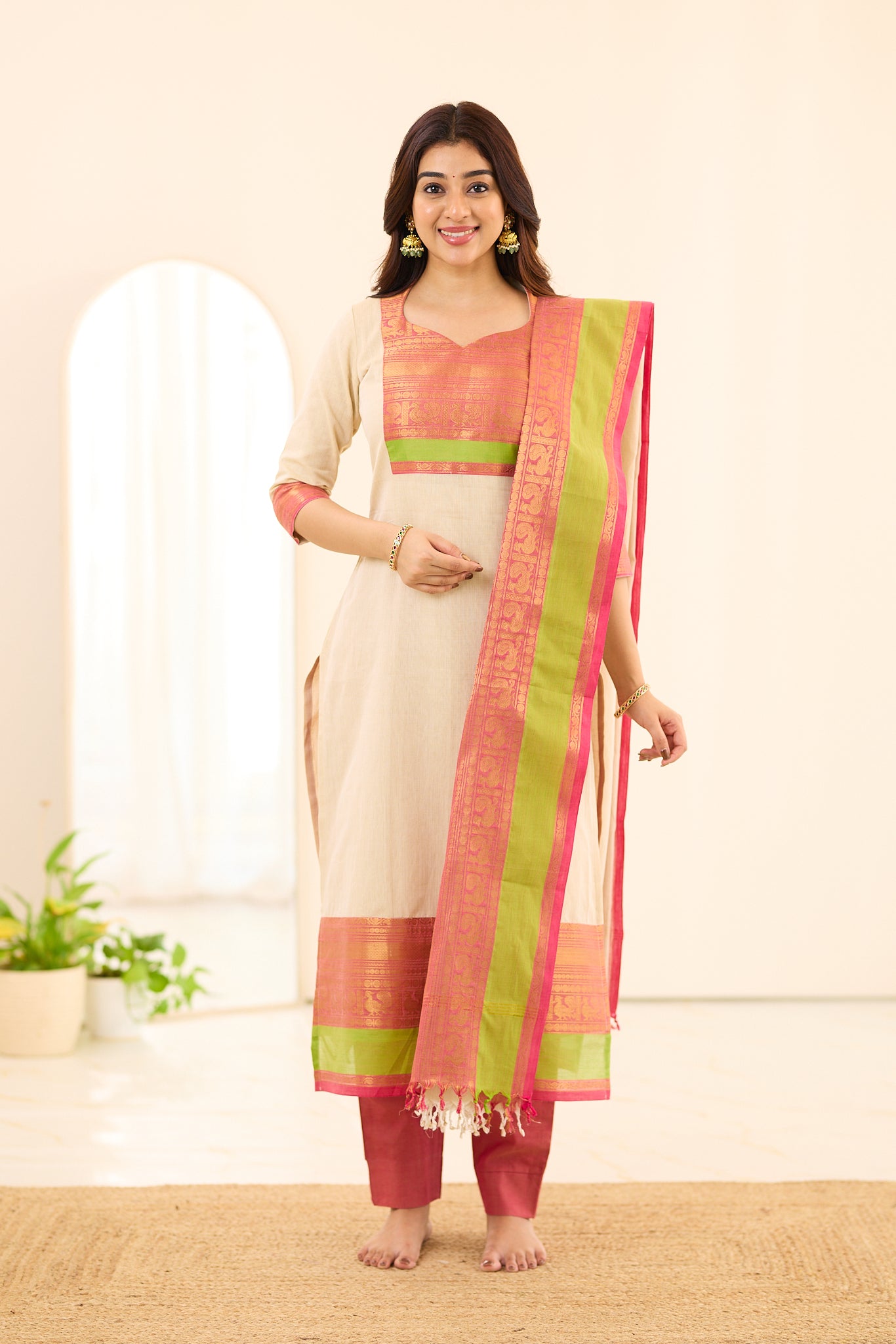 Ivory Coral Bloom Chettinad Cotton Salwar