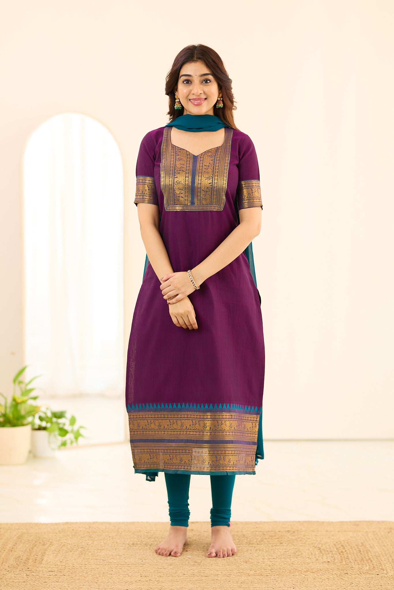 Dark Plum with Teal Green Border Chettinad Cotton Salwar