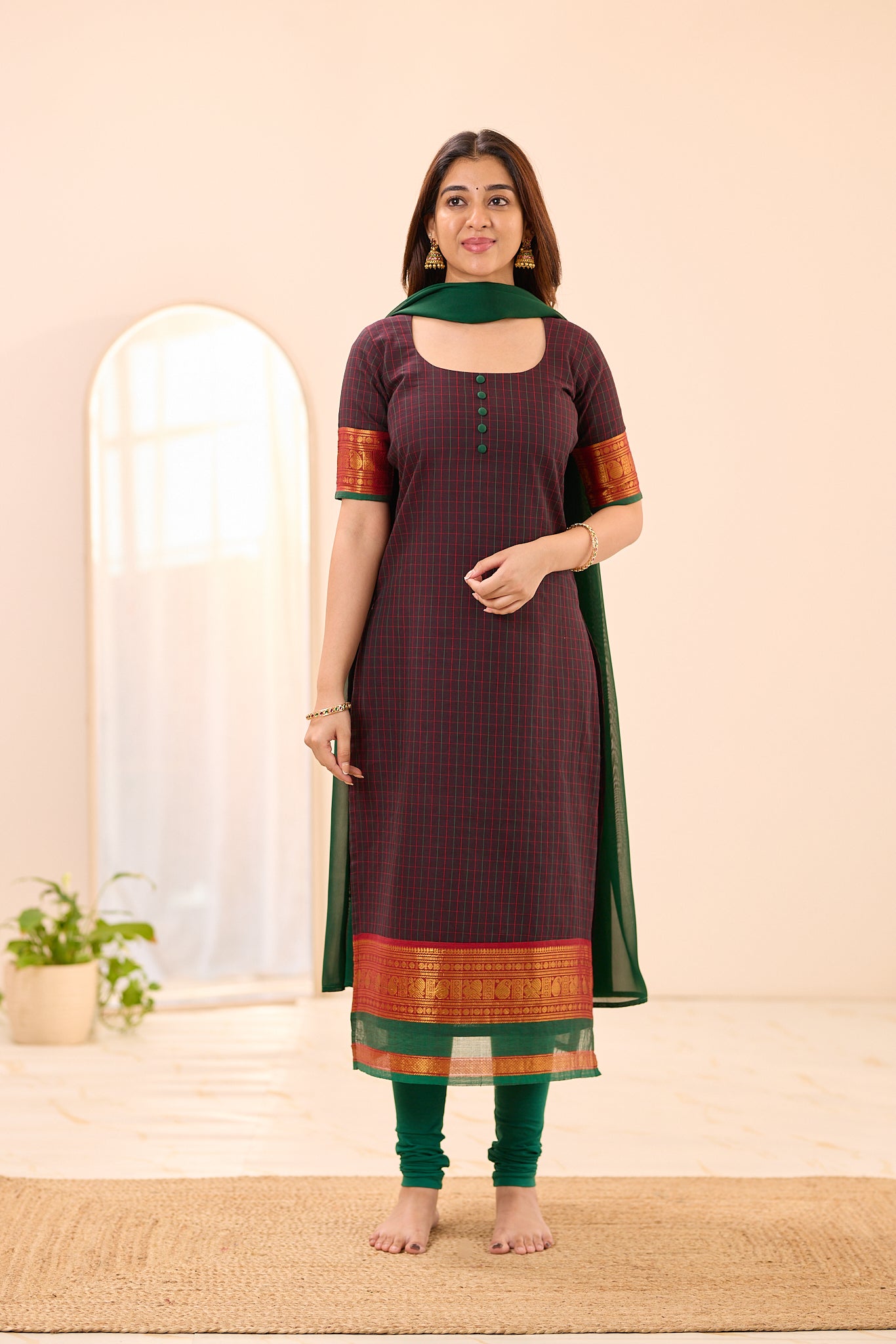 Dark Coffee Brown Checks with Rust Orange Zari Border Chettinad Top and Dupatta