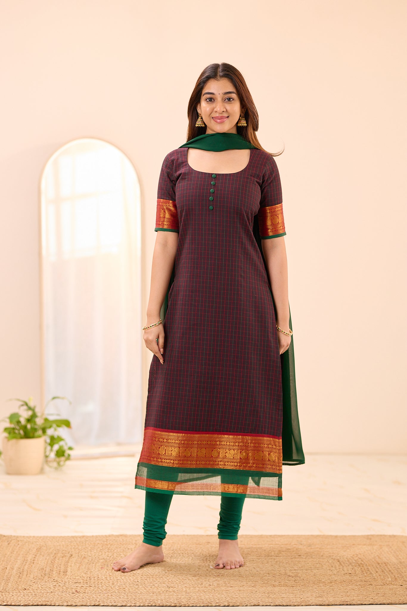 Dark Coffee Brown Checks with Rust Orange Zari Border Chettinad Top and Dupatta